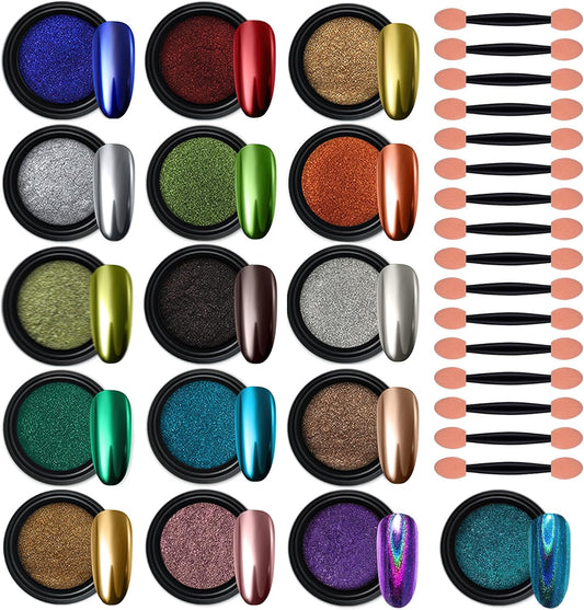 Artdone 16 Colors Chrome Nail Powder, Iridescent Aurora Powder Metallic Mirror Effect Pigment Pearlescent Mermaid Pigment Pearl Glitter Dust Kit, Nail Art Decoration, Resin Craft