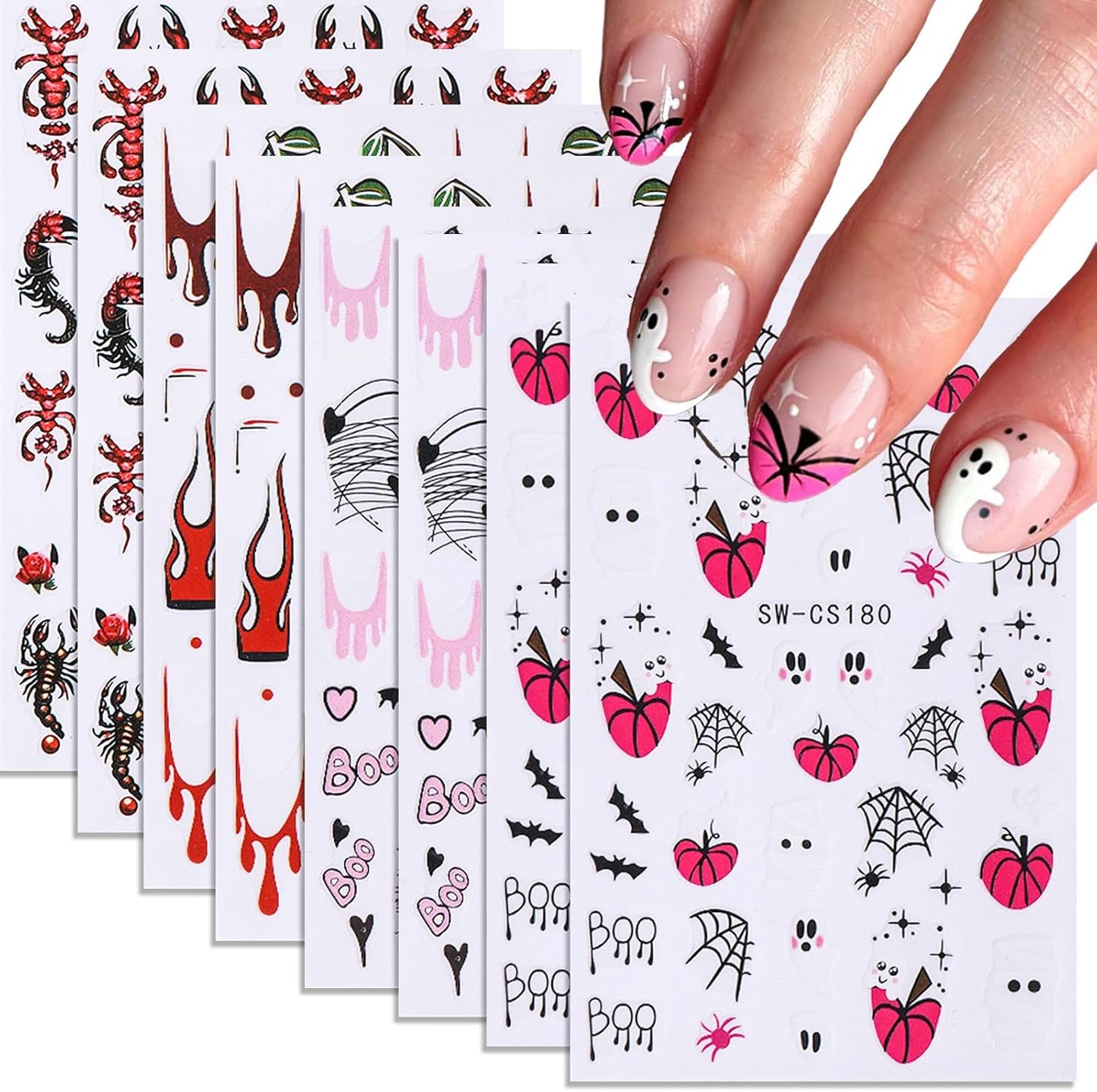 Halloween Nail Art Stickers 8 Sheets Cute Ghost Pink Pumpkin 3D Self-Adhesive Nail Decals Blood Chilli Cherry Designs ScorpionNail Decorations Halloween DIY Manicure Supplies for Women Girls&Kids