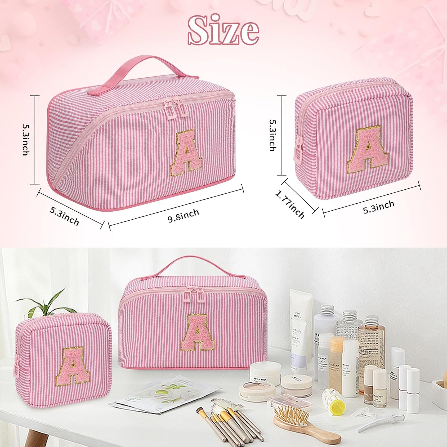 Travel Makeup Bag for Women, 2Pcs Portable Personalized Initial Makeup Organizer Bag, Open Flat Large Cosmetic Bag With Travel Essential Pouch (Pink Letter Q)