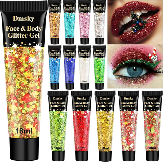 14 Colors Body Glitter,Face Glitter Makeup for Kids Women,Sparkly Chunky Hair Glitter for Eye Lip Nails,Mardi Gras Glitter Makeup Face Paint,Singer Concerts Disco Rave Festival Accessories-Christmas