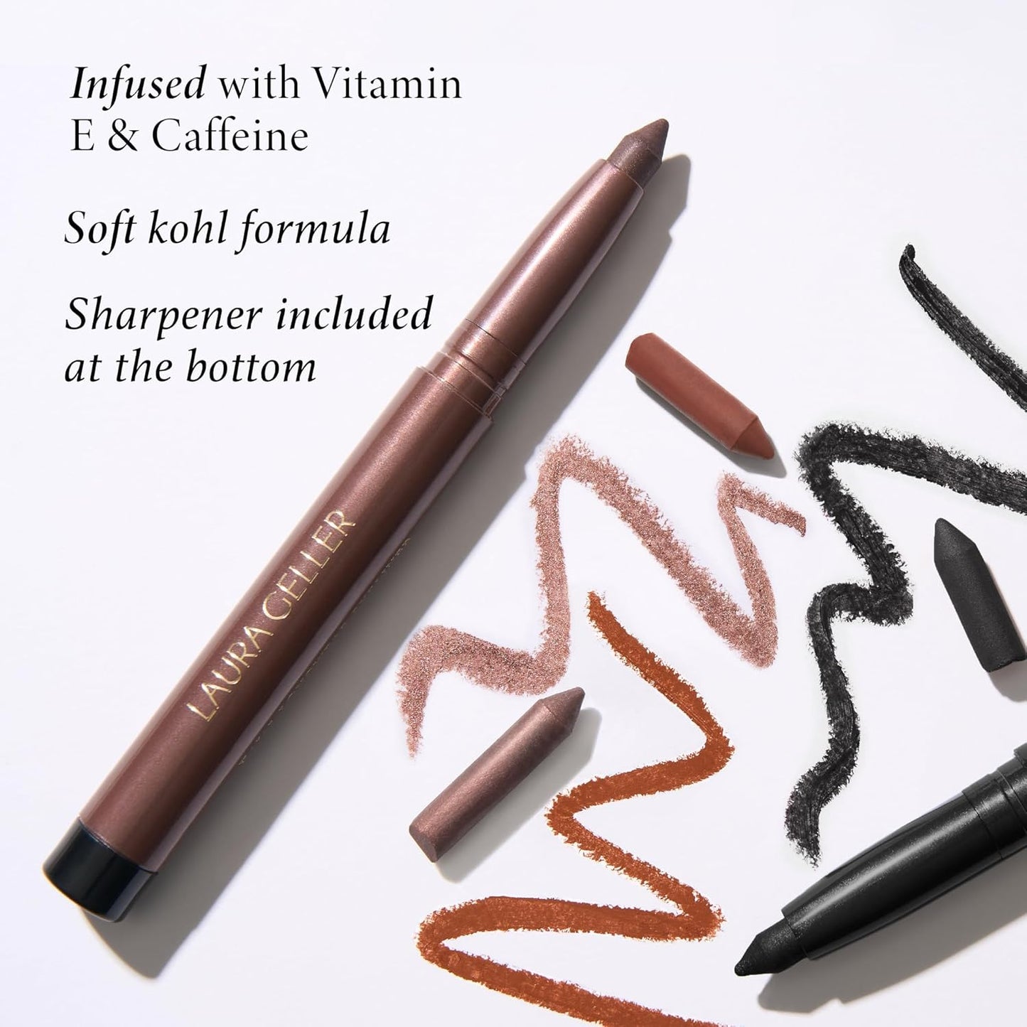 LAURA GELLER NEW YORK Kajal Longwear Kohl Eyeliner Pencil - Smoky Taupe Kohl - Caffeine and Vitamin E - Smooth & Blendable Liner - Built-In Sharpener