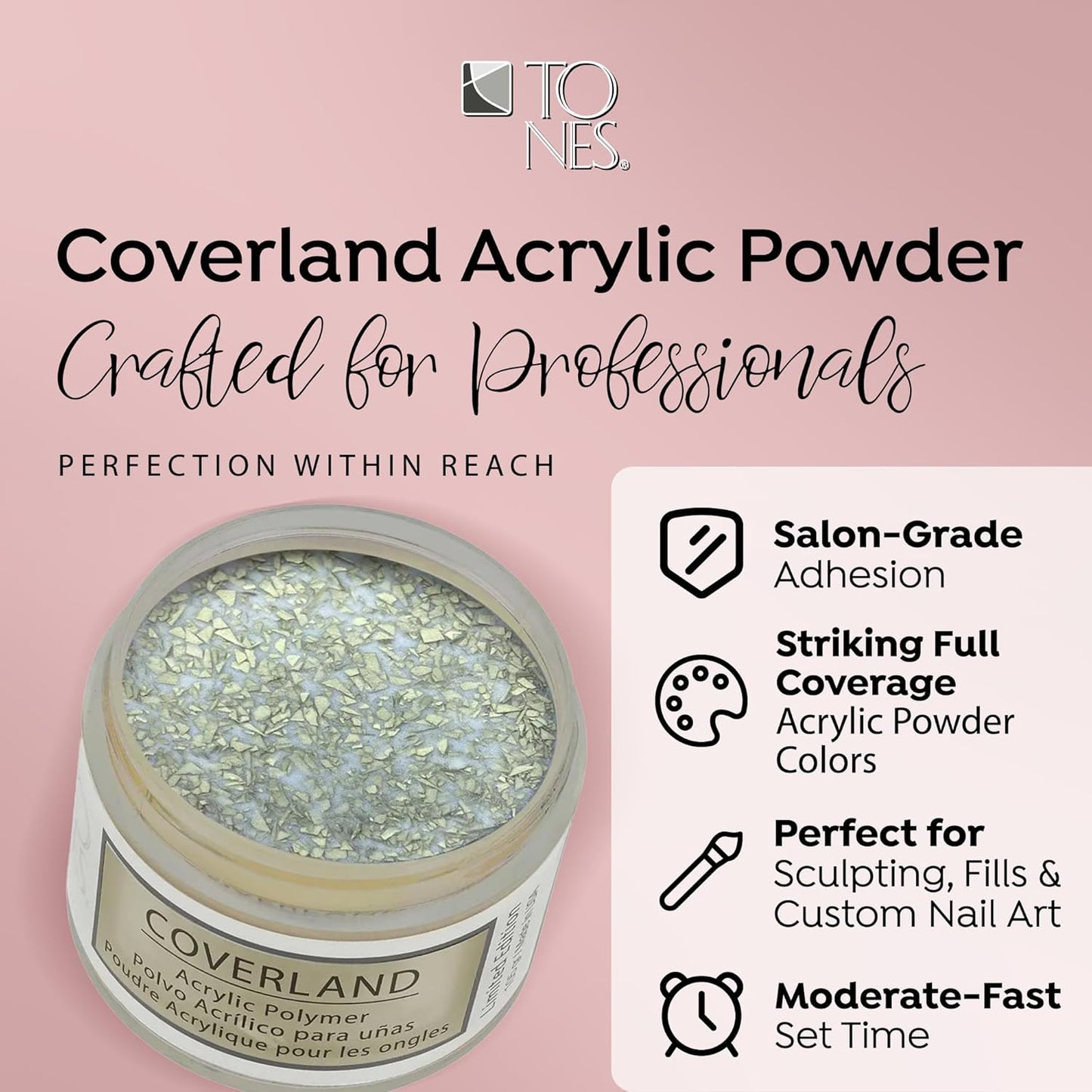 Tones Coverland Acrylic Nail Powder "Crushed Gold" - Limited Edition Acrylic Powder for Nail Design, Sculpting, and Masking Nail Bed Imperfections - Professional Acrylic Nail Supplies - (1.5 Oz)