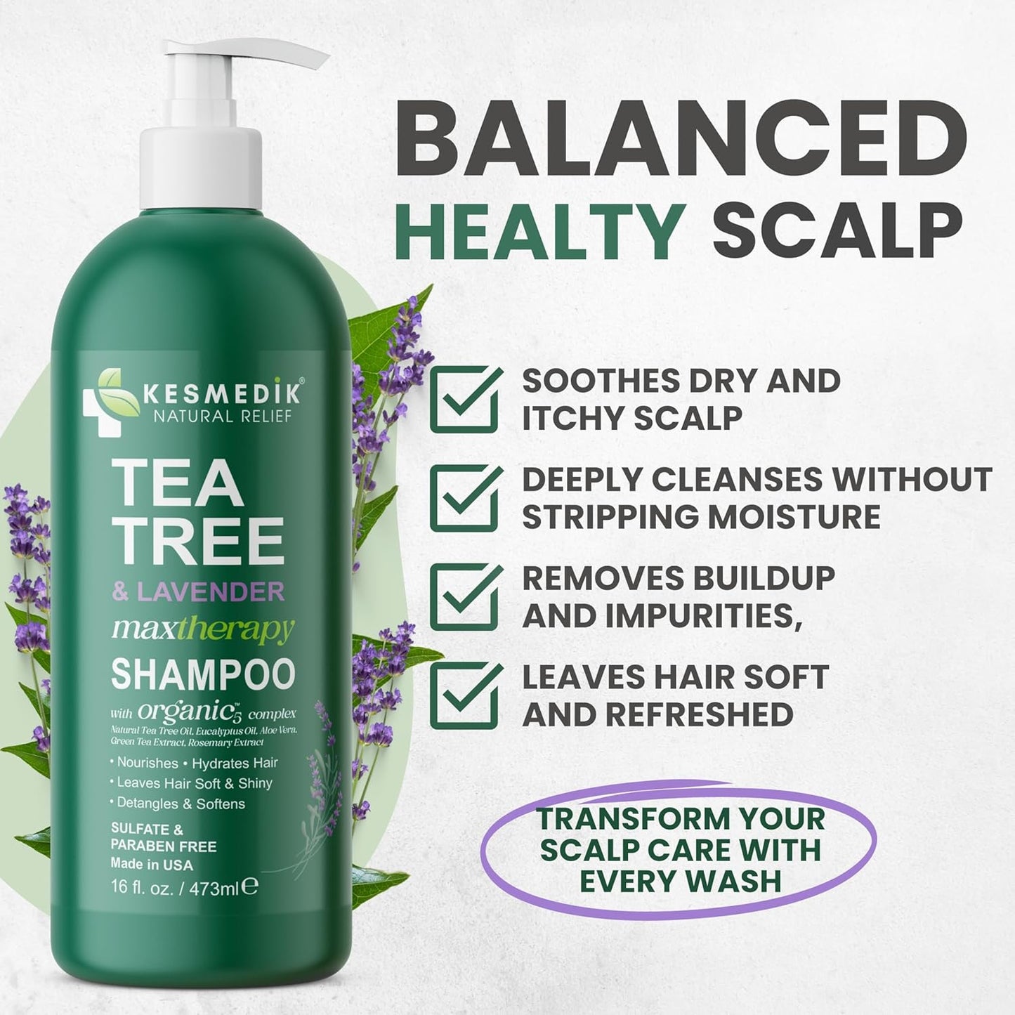 Tea Tree Lavender Shampoo with Mint & Rosemary, Cleanses, Cools & Soothes Dry, Itchy Scalp, Sulfate & Paraben-Free, For All Hair Types 16 fl oz