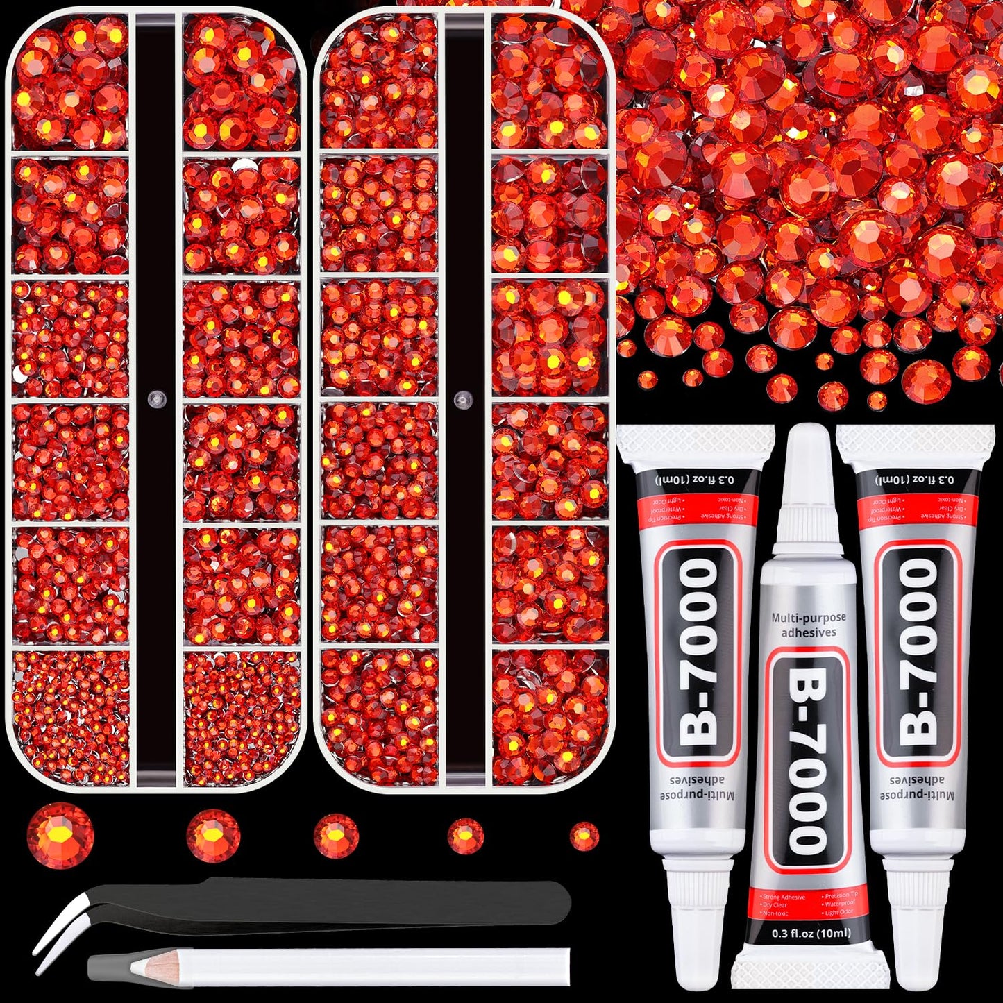 Resin Rhinestones for Crafting with B7000 Jewelry Glue, 2 Boxes Red Zircon Flatback Crystals with 3Pcs 10ml Glue for Bedazzling Crafts DIY Nail Art Makeup, Gems for Clothing Shoes