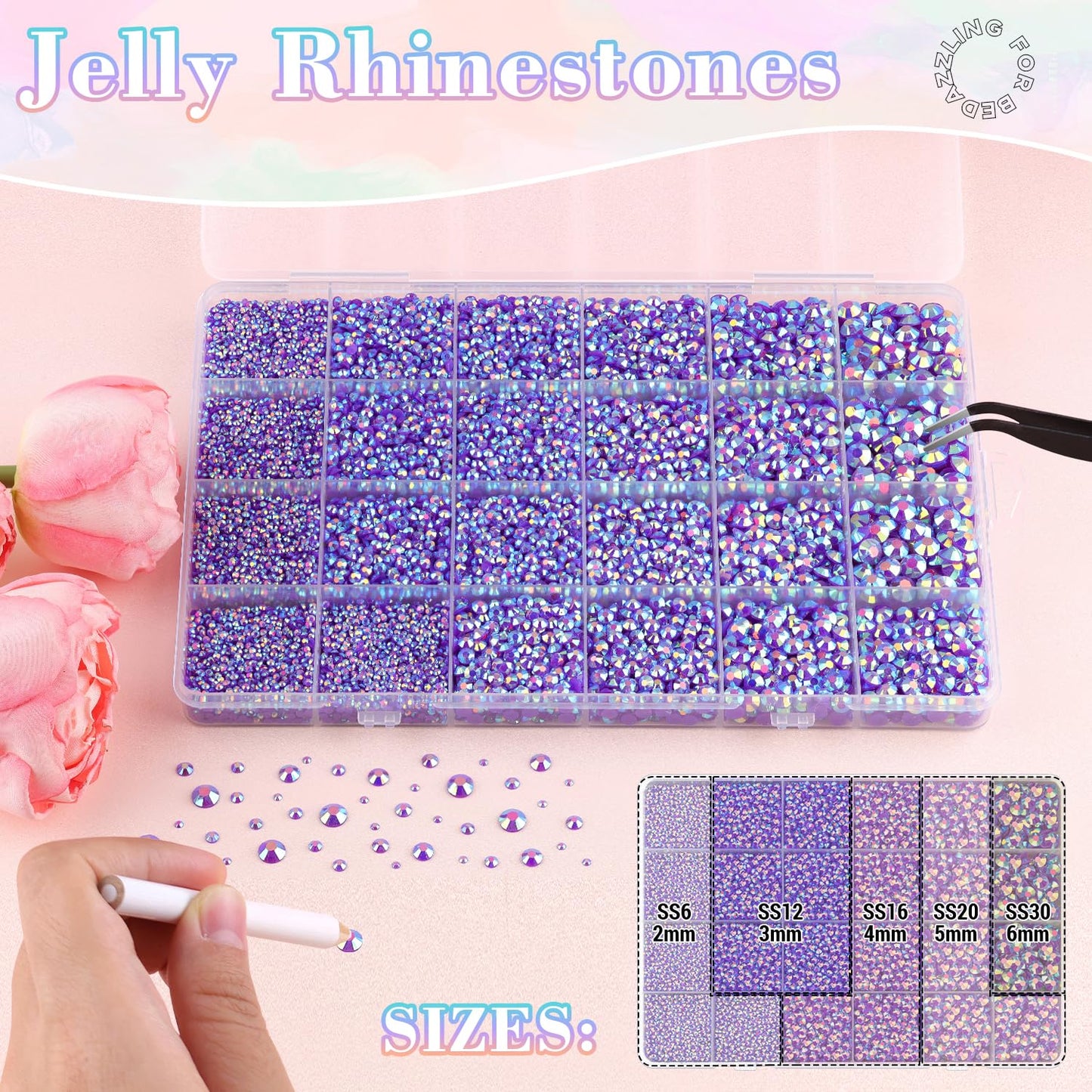 25000Pcs Resin Rhinestones with B7000 Jewelry Glue for Crafting, Dark Purple AB 2-6mm Non Hotfix Flatback Gems, Bedazzling Crystal for DIY Crafts Clothing Tumblers Mugs Shoes Fabric Decor Nail Art