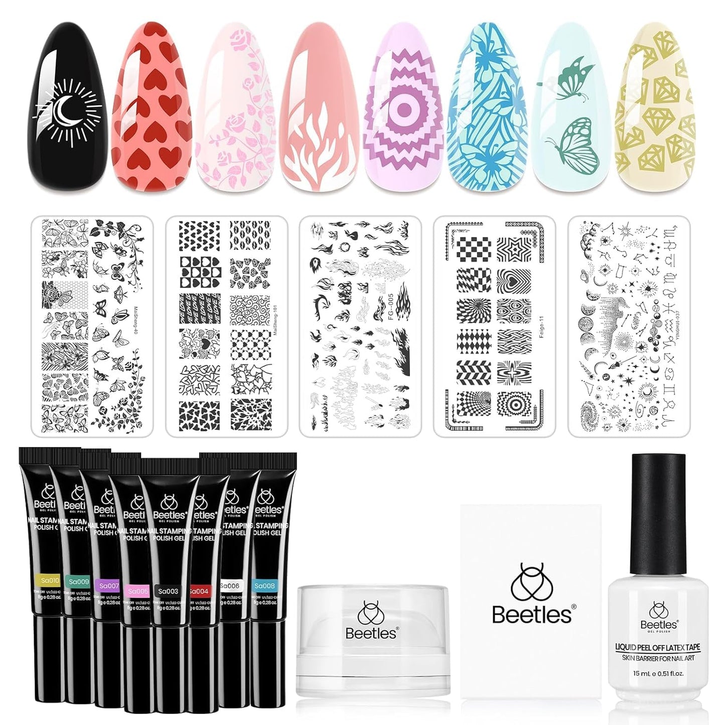 Beetles Nail Stamp Gel 16Pcs French Tip Nail Stamp Kit with 8 Colors Stamper Gel Polish, 5 Nail Stamping Templates, Scrapers, Liquid Latex & Short Silicone Stamper Gift for Women
