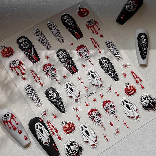 Halloween Ghost Nail Stickers 3D Embossed Stickers for Nails Spooky Nail Decals with Mummy Blood Drop Pumpkin Designs DIY Self Adhesive Nails Art Decoration