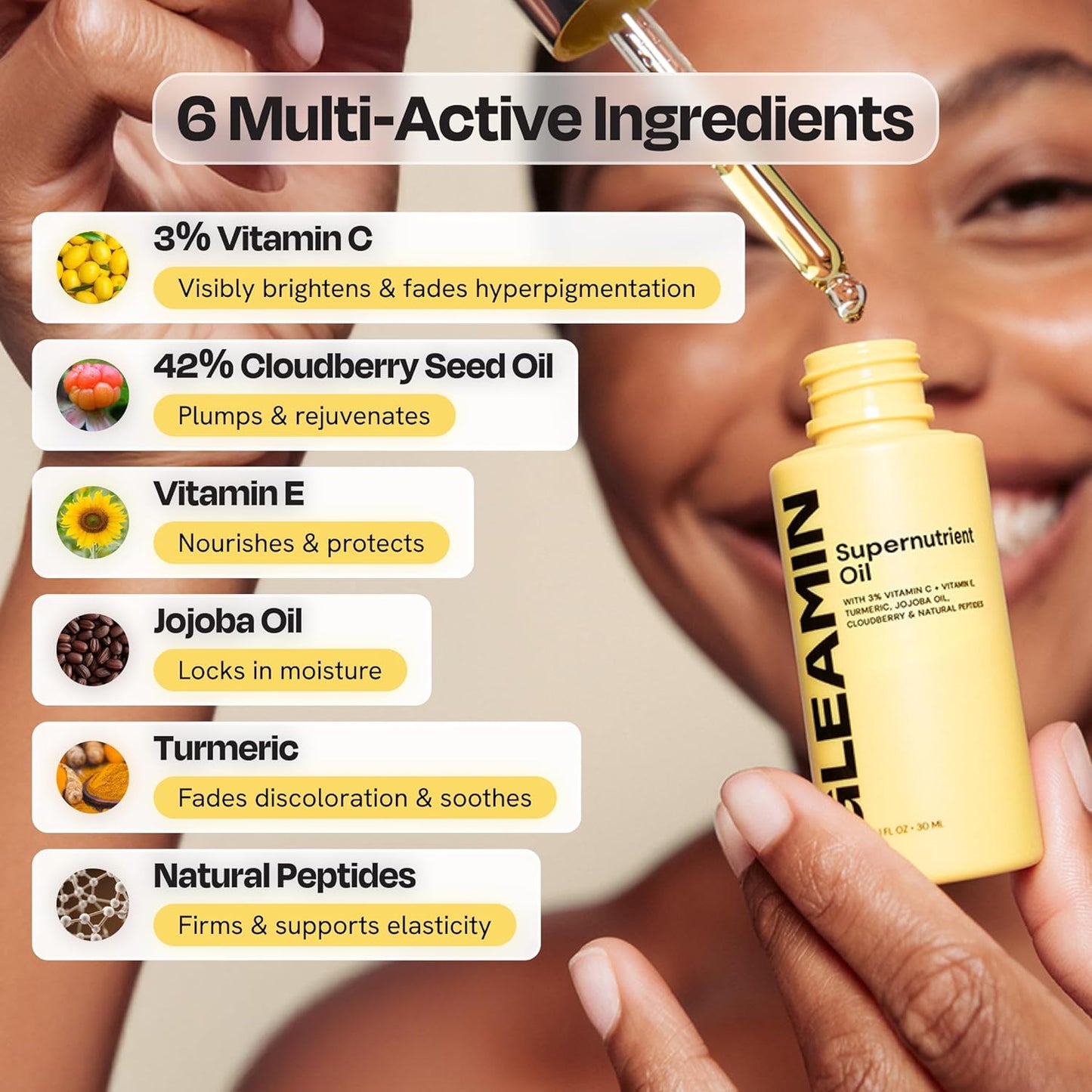 Gleamin Brightening Face Oil with Vitamin C & E, Turmeric, Jojoba & Cloudberry | Hydrating Facial Oil for Radiant Glow, Dark Spots, Fine Lines & Uneven Tone | Skin Brightening for Women & Men, 1 Fl Oz