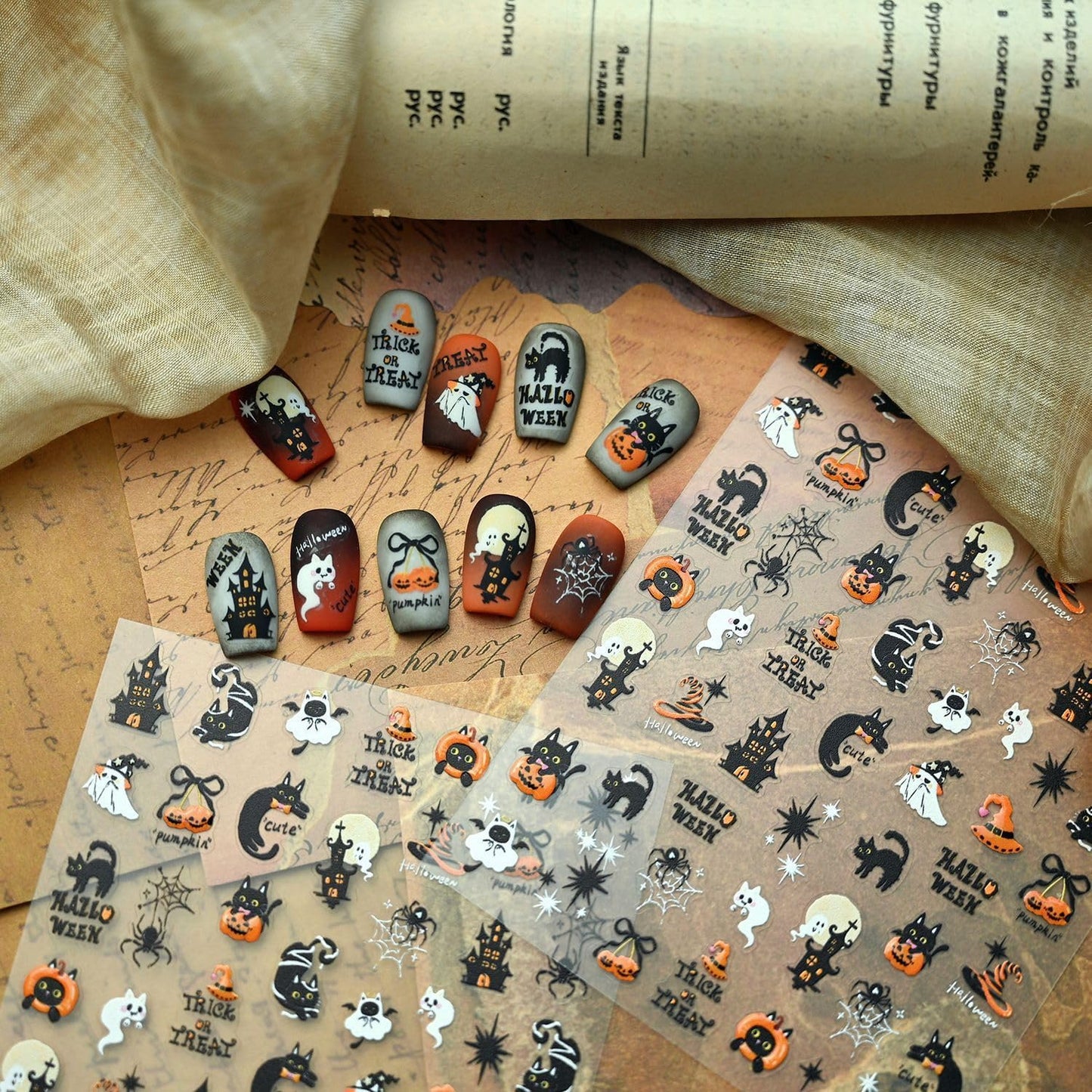 Halloween Nail Stickers for Nail Art Black Cat Pumpkin Ghost Nail Art Stickers 5D Embossed Nail Decals 3D Self-Adhesive Nails Supply Manicure Sliders for Nails Decoration
