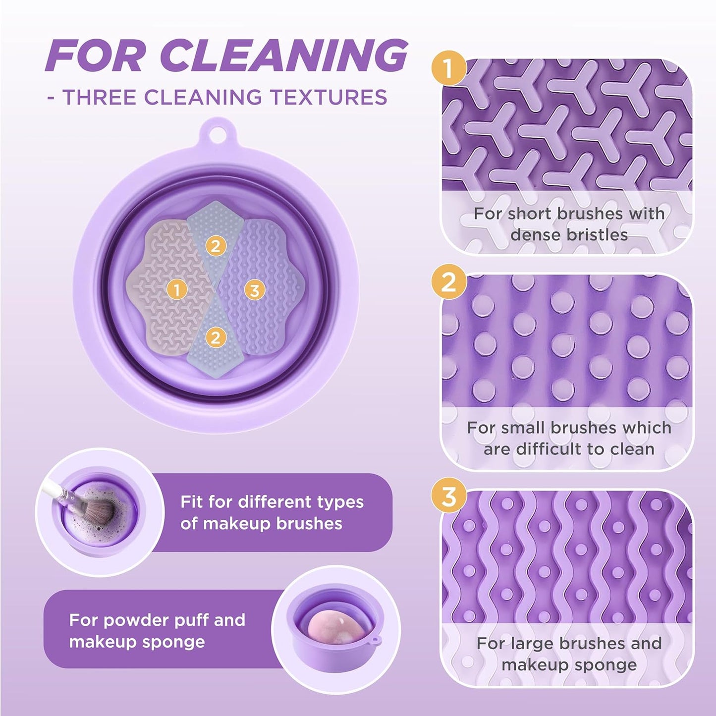 Makeup Brush Cleaner - Foldable Silicone Makeup Brush Cleaner Mat with Brush Storage Holder Makeup Brush Cleaning Bowl Cosmetic Brush Washing Tool for Cleaning Organizer and Drying (Purple)