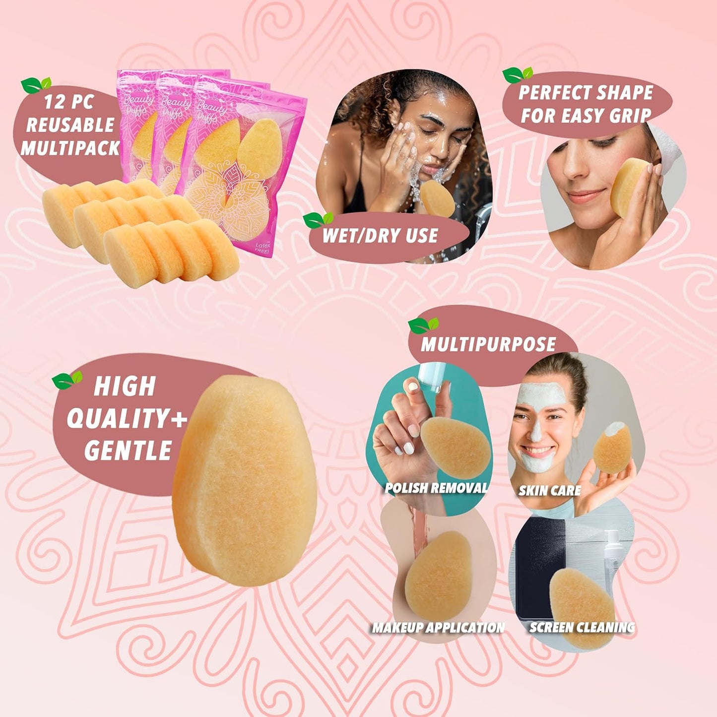 Earth & I - for Sensitive Skin - Gentle Face Exfoliator Puffs, Facial Scrubber for Women, Facial sponges for Washing face Dermatology exfoliating Pads, buf puf Facial Sponge face scrubbers -12ct