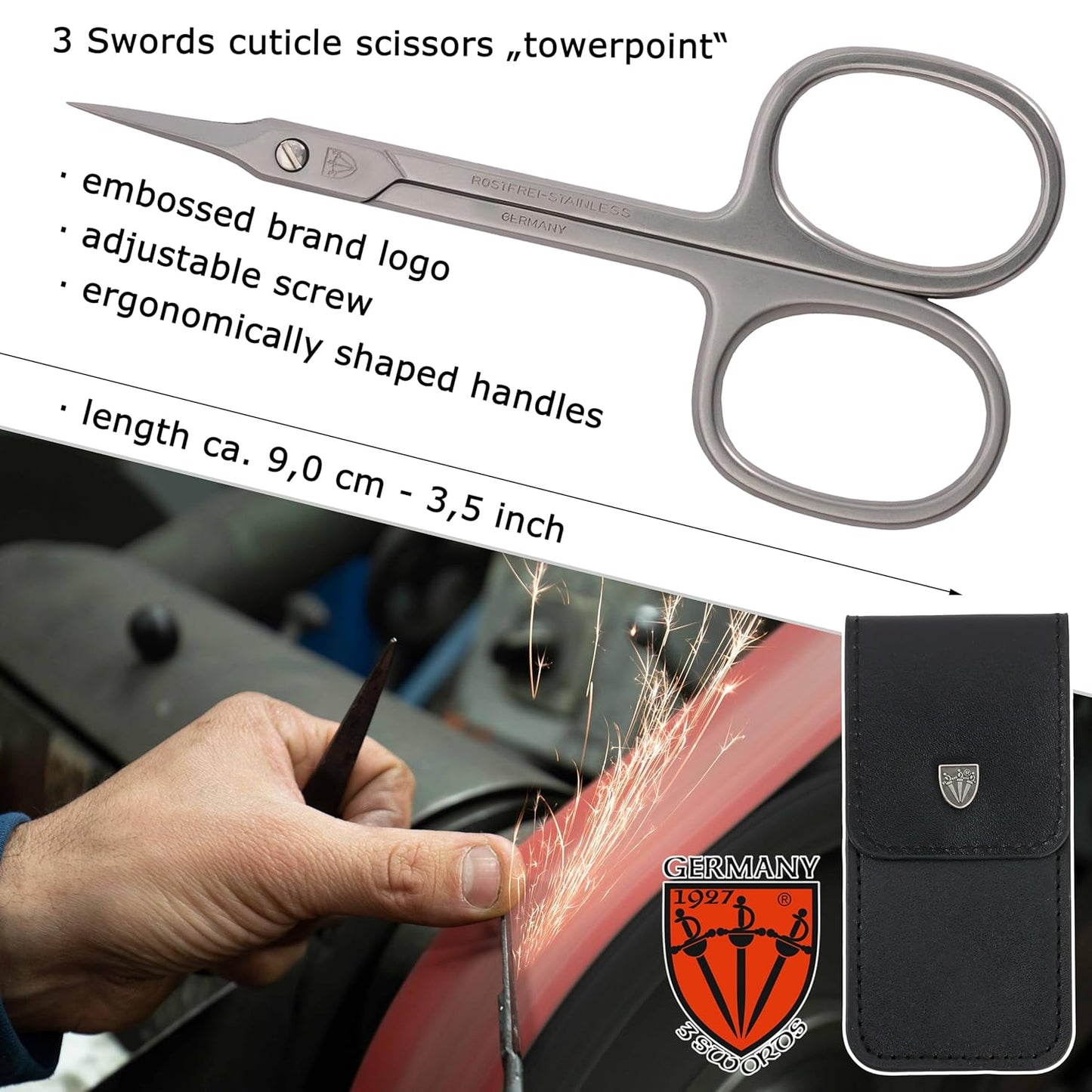 3 Swords Germany - brand quality STAINLESS STEEL INOX CURVED CUTICLE TOWERPOINT SCISSORS (1 PIECE) with case for manicure pedicure - nail care by 3 Swords - Made in Germany