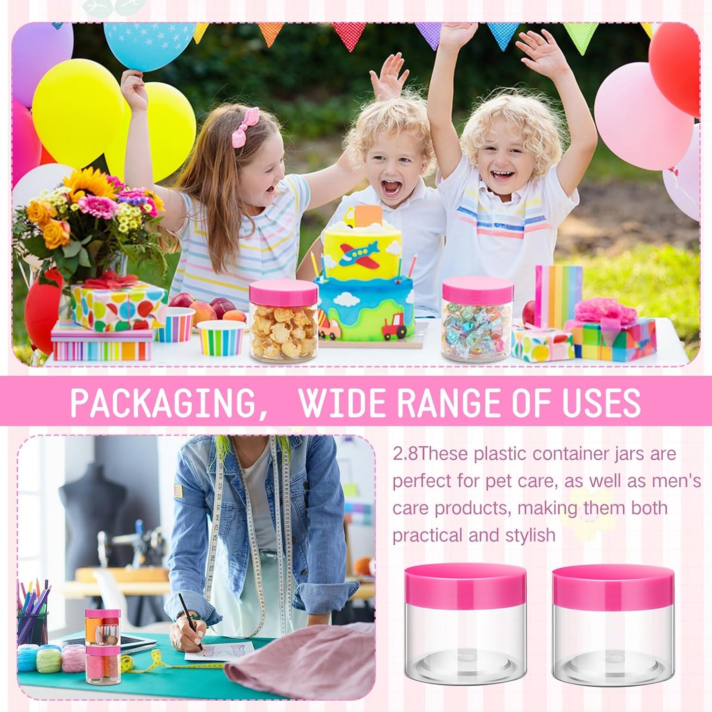 SATINIOR 24 Pieces Empty Clear Plastic Jars with Lids Round Storage Containers Wide Mouth for Beauty Product Cosmetic Cream Lotion Liquid Butter Craft and Food(Pink Lid,6 oz)