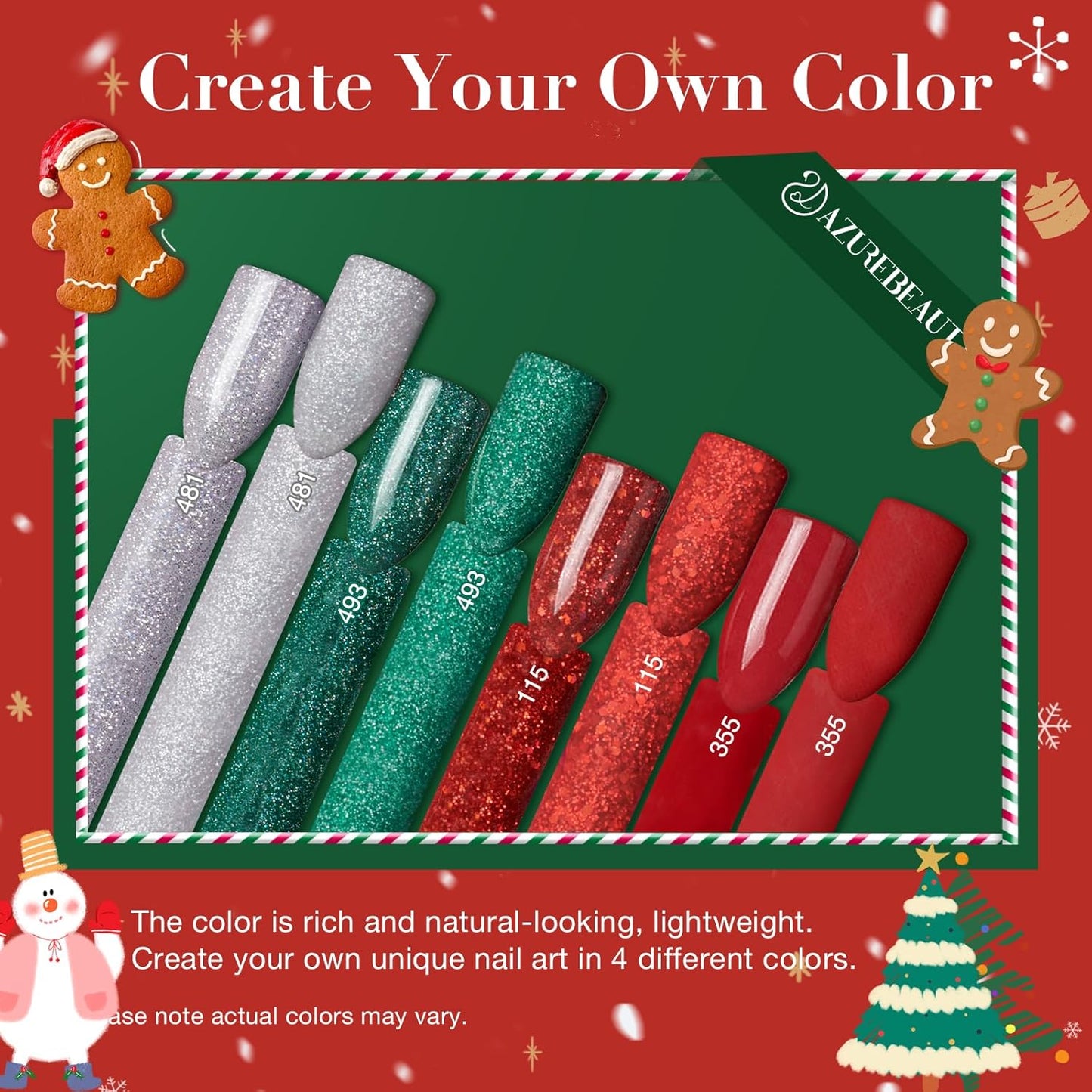 AZUREBEAUTY Christmas Dip Powder Nail Kit Green Red Glitter Silver 12 Pcs Acrylic Dip Powder Liquid Set with Base/Top Coat Activator for French Nail Art Manicure Home Holiday Gifts Set