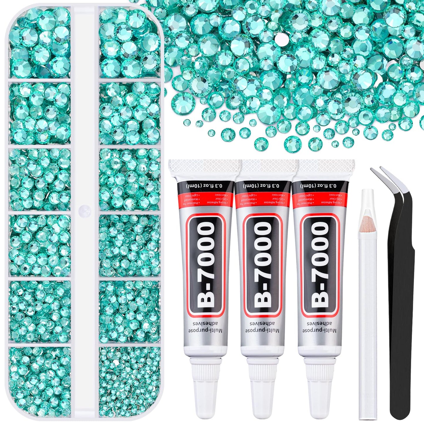 6000Pcs Resin Rhinestones for Bedazzling with 3Pcs B7000 Jewelry Glue, 1 Box Aquamarine Flatback Rhinestones for Crafting Crafts DIY, Crystals Gems for Clothing Shoes Tumblers Nail Art Makeup