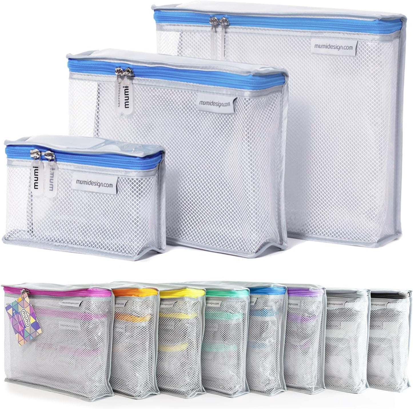 MUMI Travel Toiletry Bag Set of 3 – Clear TSA Approved Toiletry Bags for Women – Reusable Water-Resistant Makeup Organizer Pouches for Skincare, Cosmetics, Travel Accessories, Airport Packing - Blue