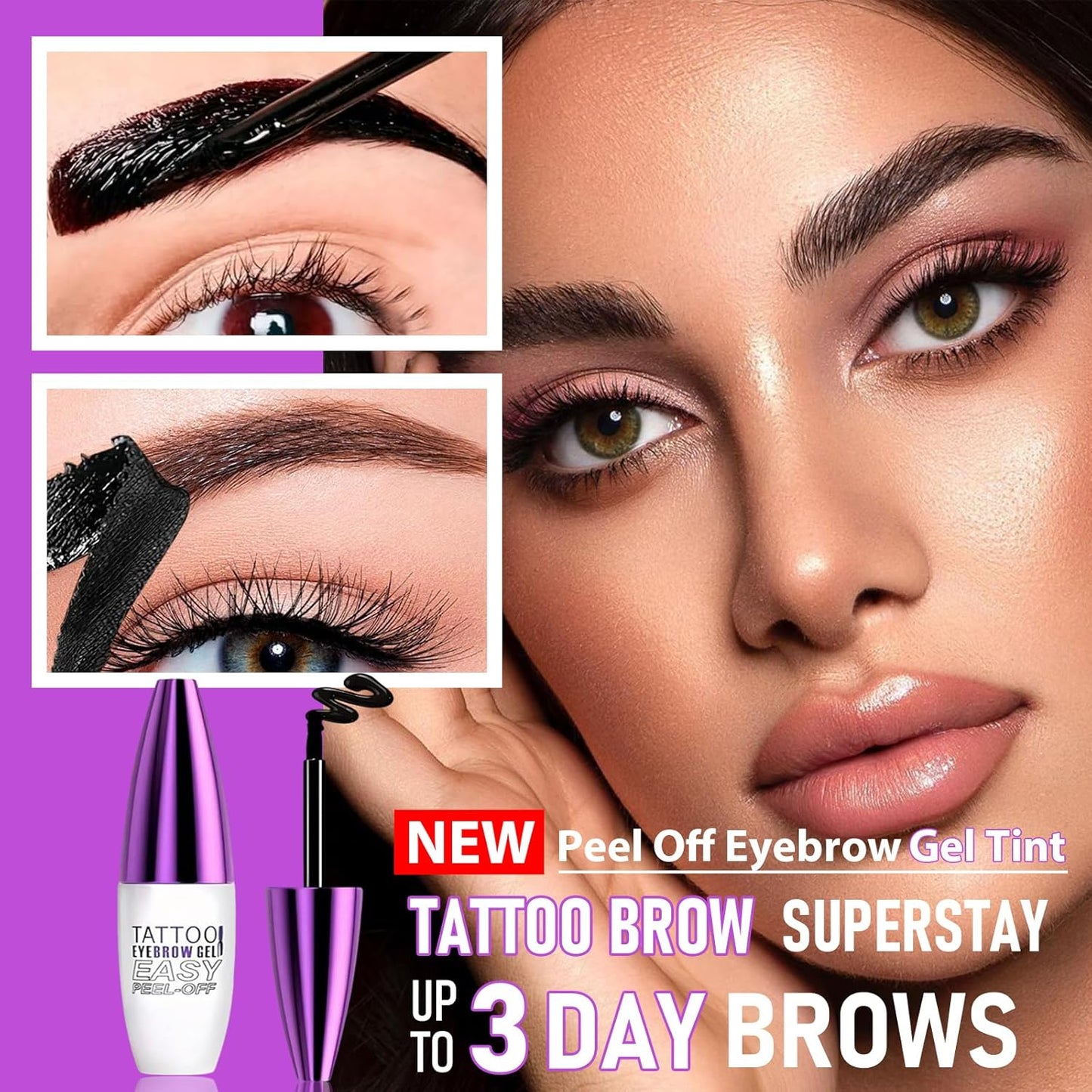 Tattoo Eyebrow Gel Easy Peel Off, Waterproof 3-Day Long-Lasting Brow Stain, Semi-Permanent Peel Off Brow Color Gel for Sparse Brows, Transfer-proof, Natural Color for Fuller Defined Brows (Black)
