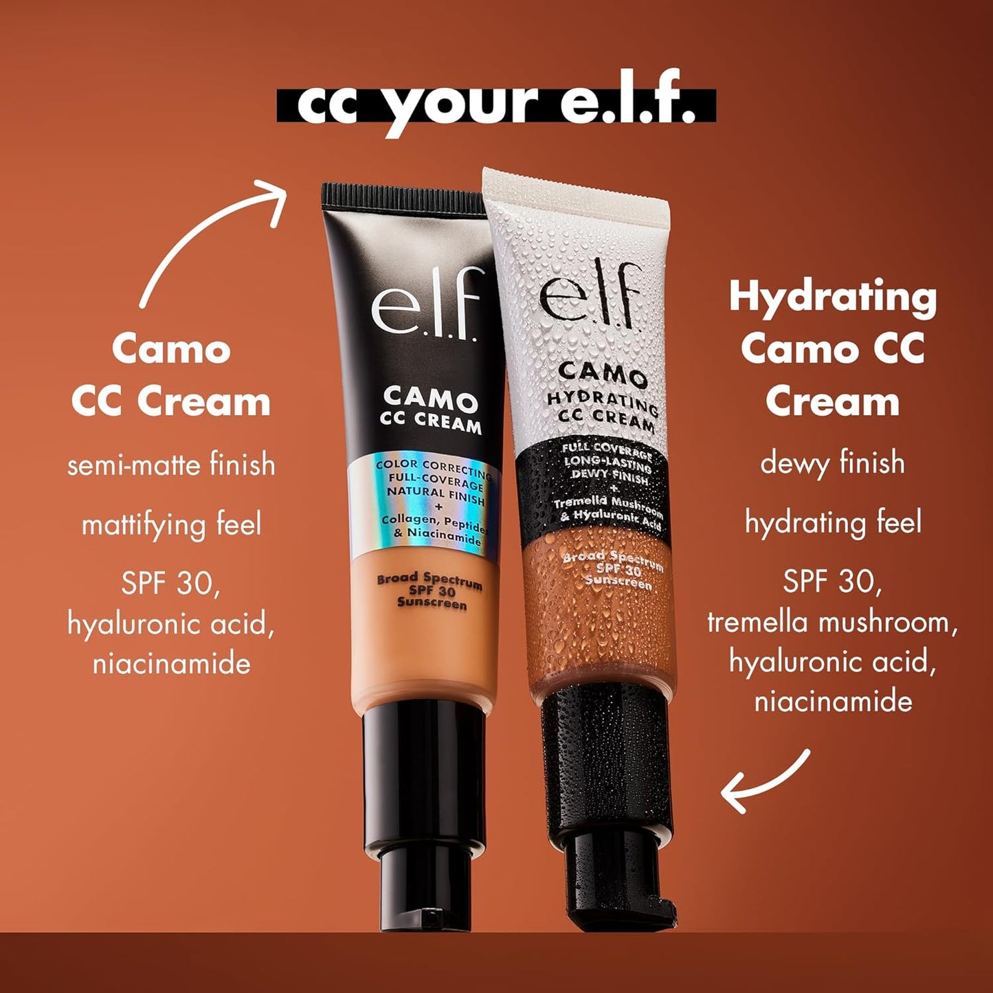 e.l.f. Hydrating Camo CC Cream, SPF 30, Color Correcting Full Coverage Foundation For A Dewy Finish, Vegan & Cruelty-Free, Tan 460 W