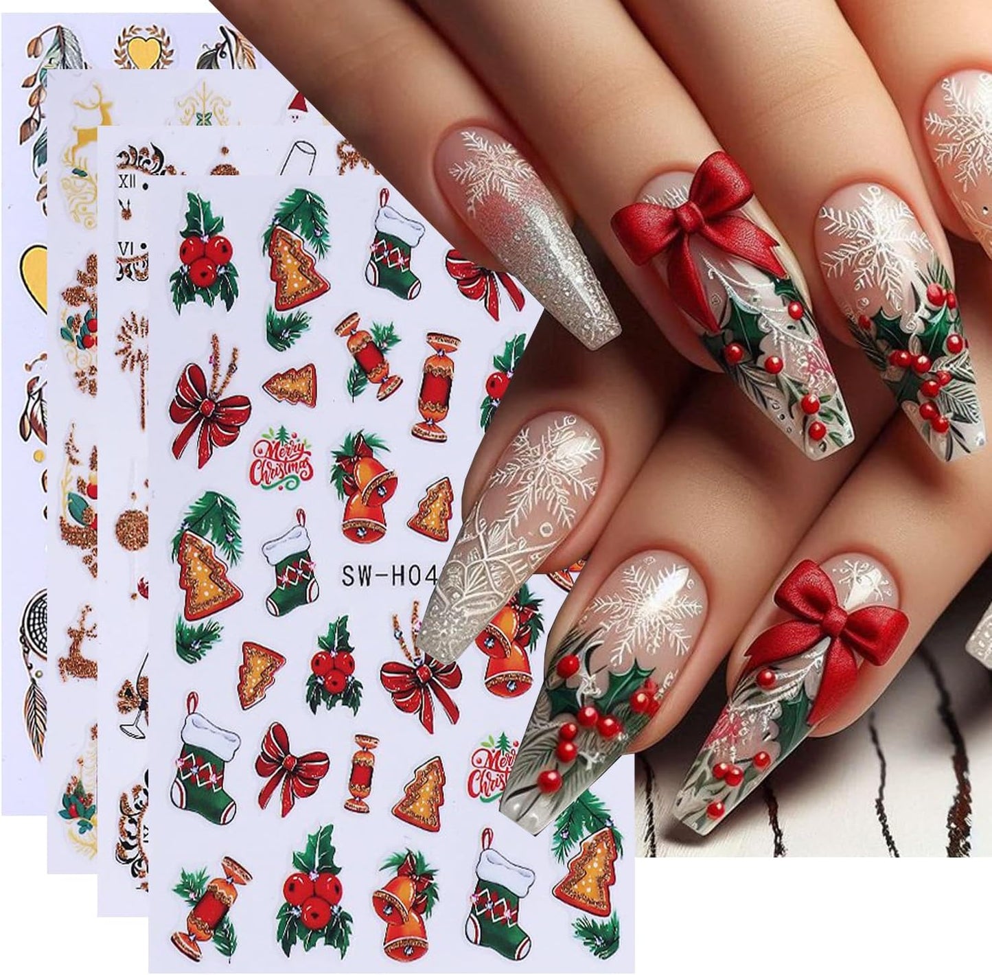 4Sheet Christmas Nail Art Stickers Santa Claus Elk Snowflake Nail Decals 3D Self-Adhesive Fireworks Clock Bow Designs Nail Supplies Winter Xmas Nail Sticker Nail Art for Women DIY New Year Nail Decor