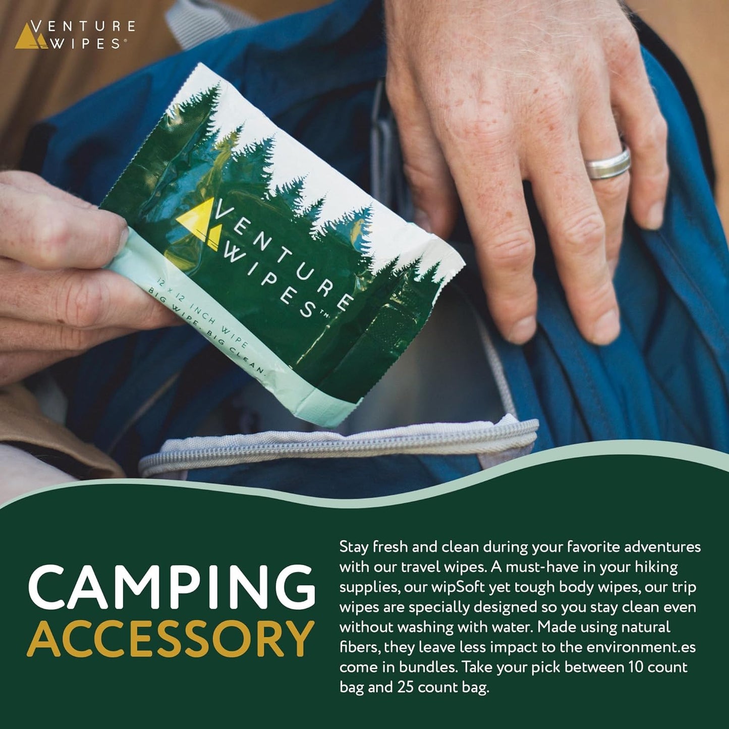 Venture Wipes Tea Tree Oil Body Wipes - Adventure Wipes for Adults - Biodegradable Cleansing With Aloe and Vitamin E - Camping Essentials - Individually Wrapped - 25 Count Bag
