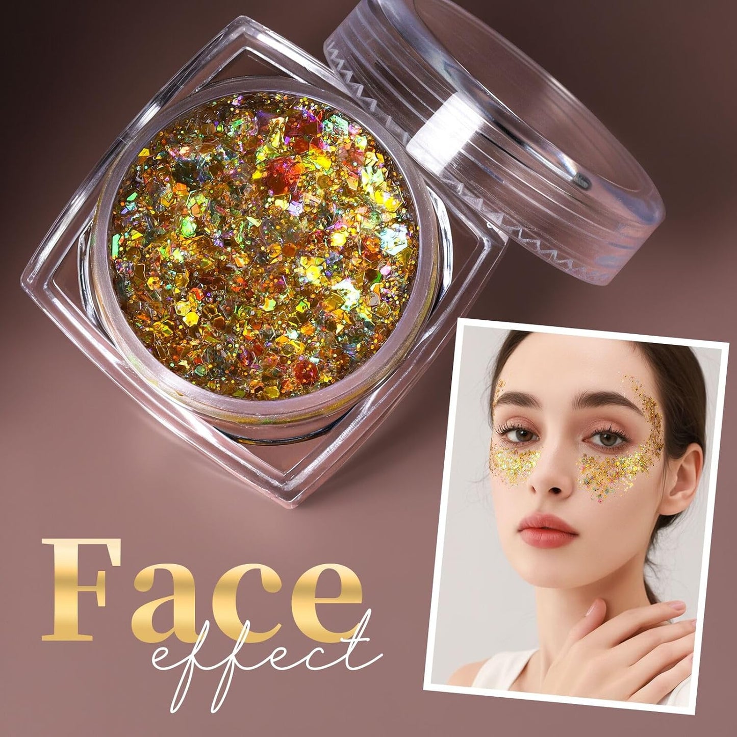 Teenitor Face Glitter Body Glitter, Gold Body Glitter Gel, Hair Glitter Gel, 6 Shapes Rave Glitter, Festival Makeup Glitters Gel, Chunky Sparkling Glitter Gel for Face, Body, Hair