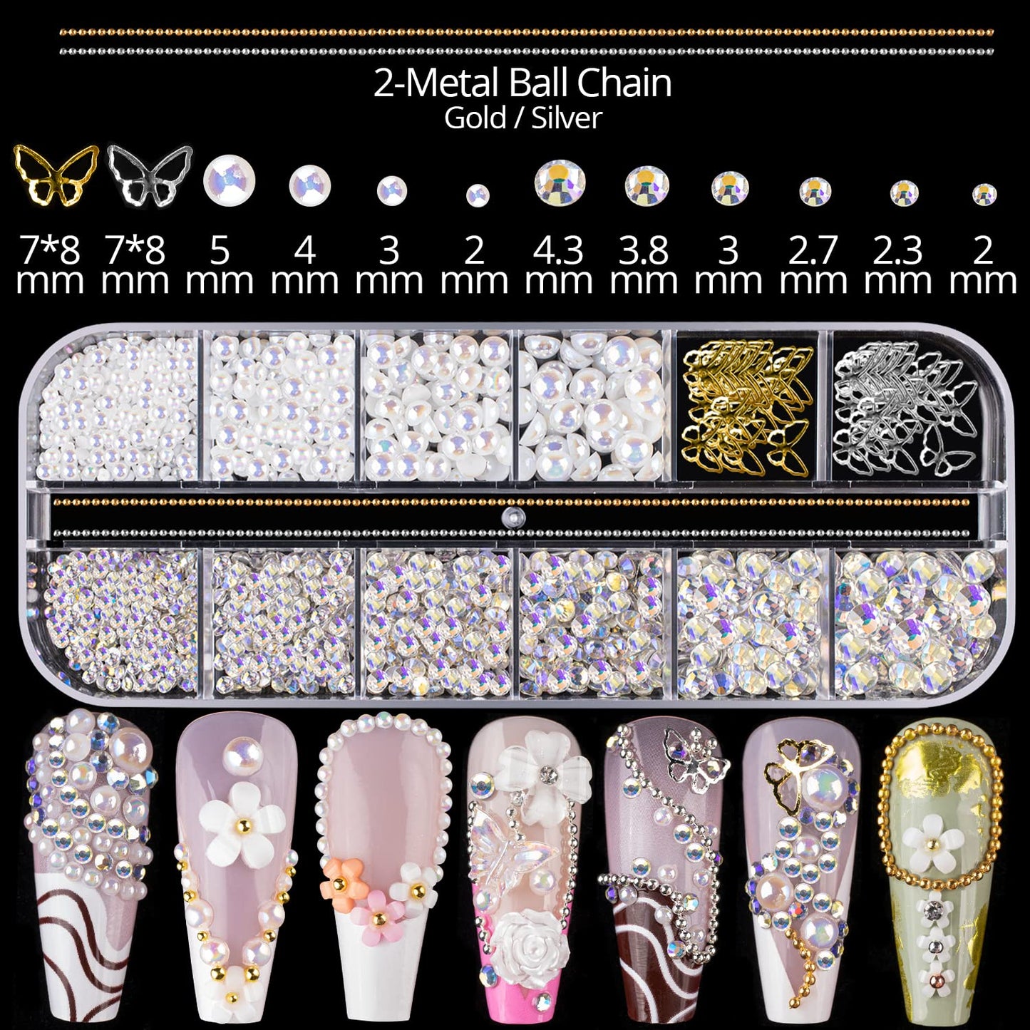 Mixed 3D Nail Art Gem Decoration Accessories Kit #7, Aurora Bear Bow Butterfly Starry AB Rhinestone Charm Jewelry for Deco, Pearl Flower Caviar Bead Stone Crystal with Pickup Pencil and Tweezer