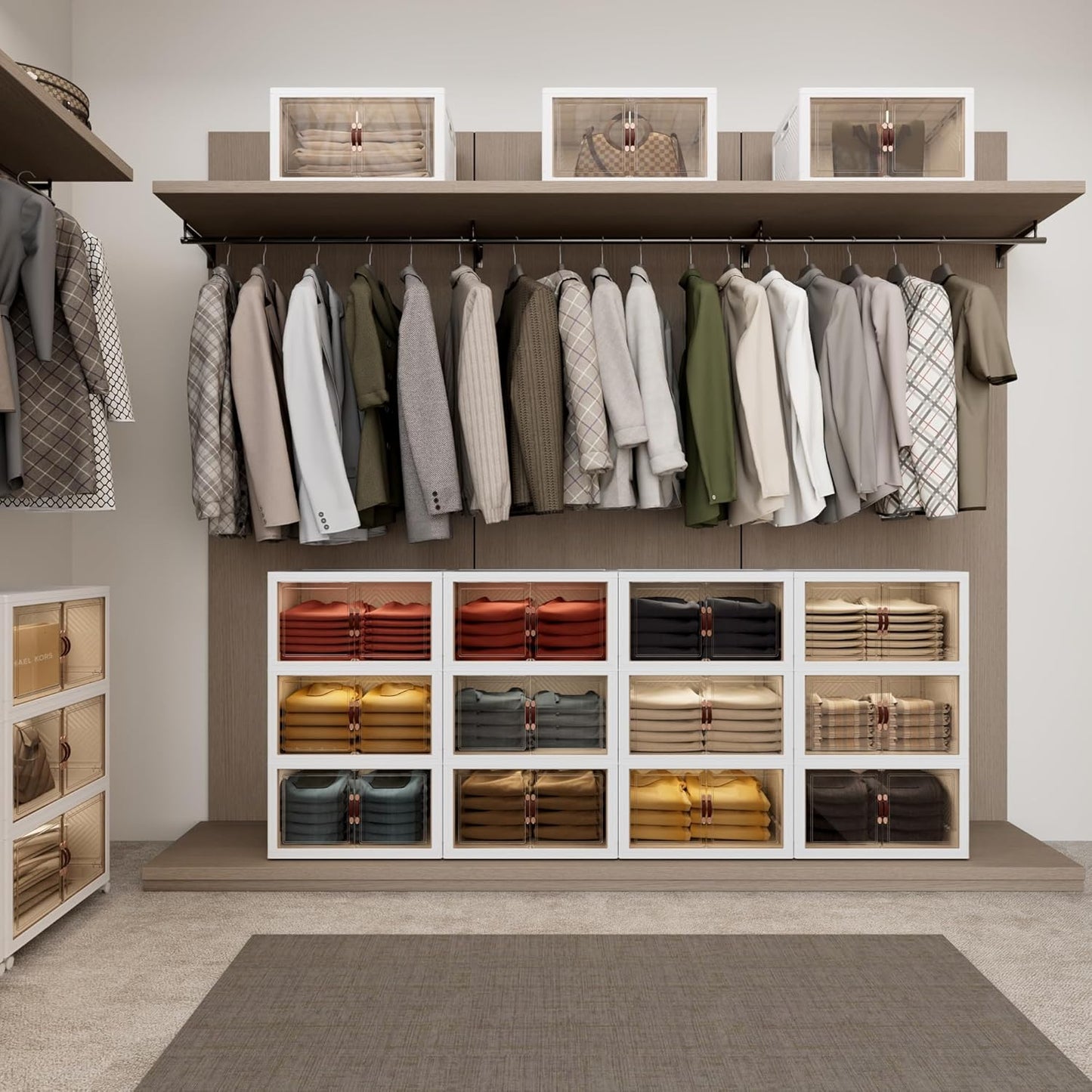 JOYMOOP Folding Storage Bins Organizer, 336 Quart Collapsible Storage Boxes with Wheels and Door, Stackble Plastic Storage Container for Clothing, Books and Sundries (XXL, 21 Gal Per, 4 Tiers)