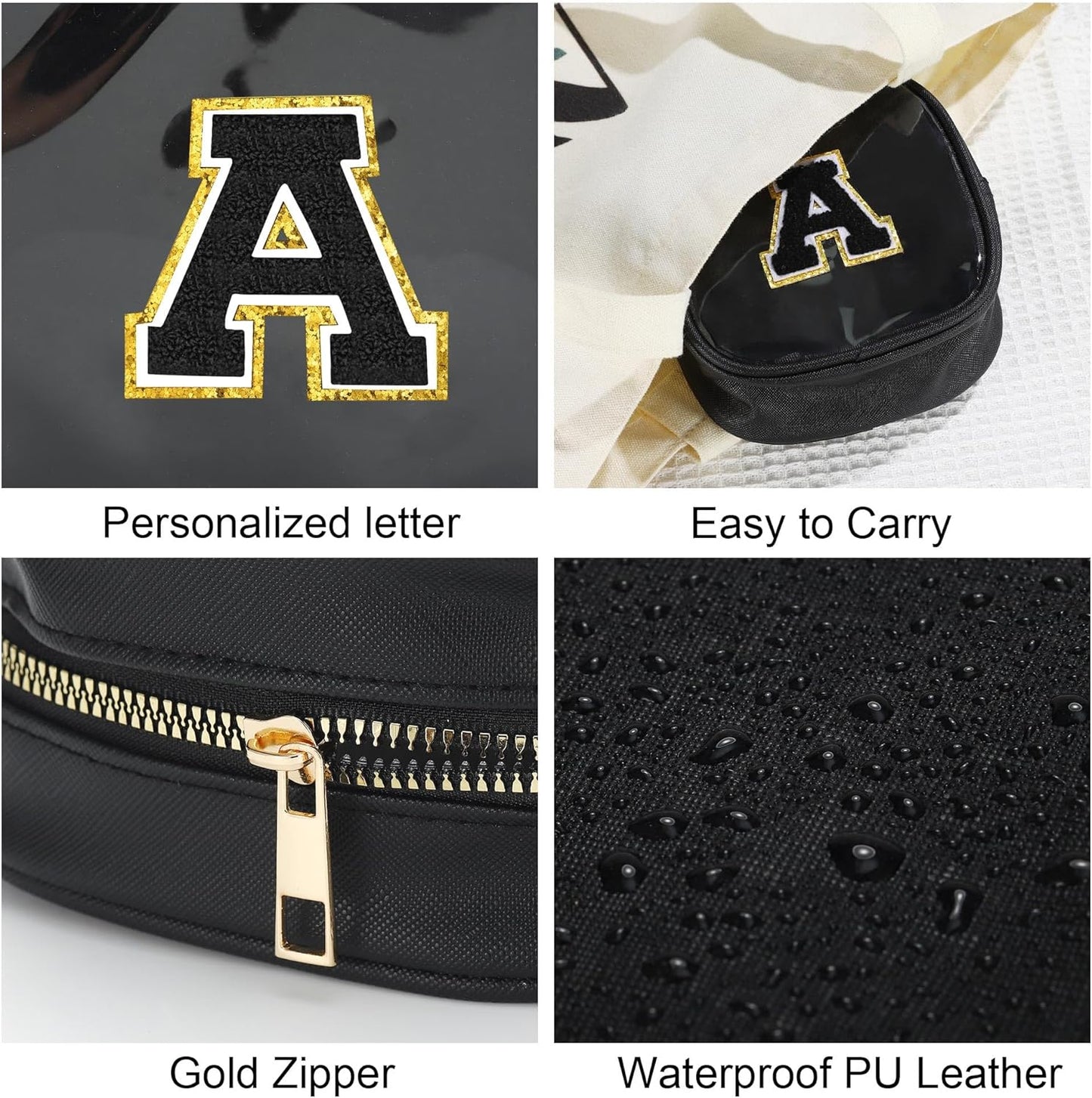 YOOLIFE Initial Mini Makeup Bag | Make Up Bag Travel Toiletry Bag | Clear Makeup Bag | Preppy Cosmetic Bags Organizer Travel Essentials Gifts for Women Teen Girlfriend Teacher Birthday Gifts Black A