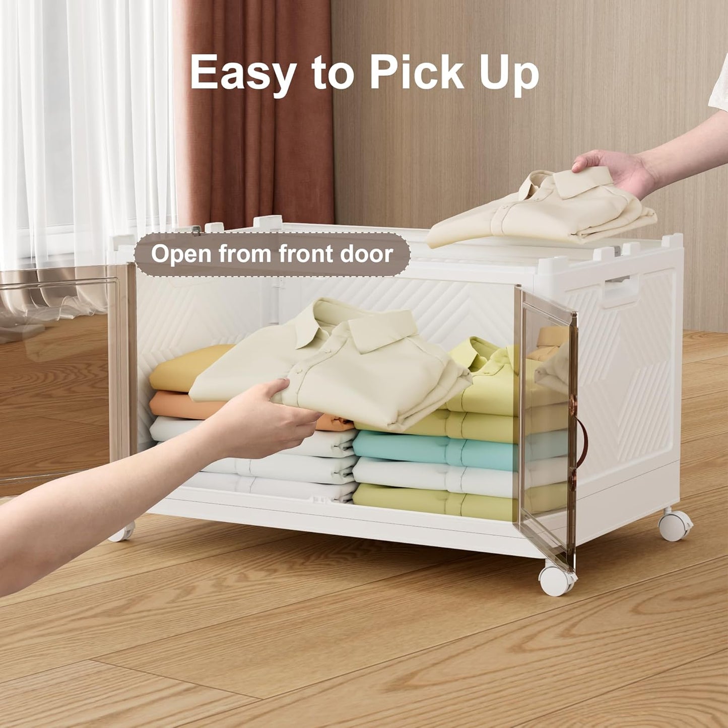 JOYMOOP Folding Storage Bins Organizer, 84 Quart Collapsible Storage Box with Wheels and Door, Stackble Plastic Storage Container for Clothing, Books and Sundries (XXL, 21 Gal, 1 Tier)