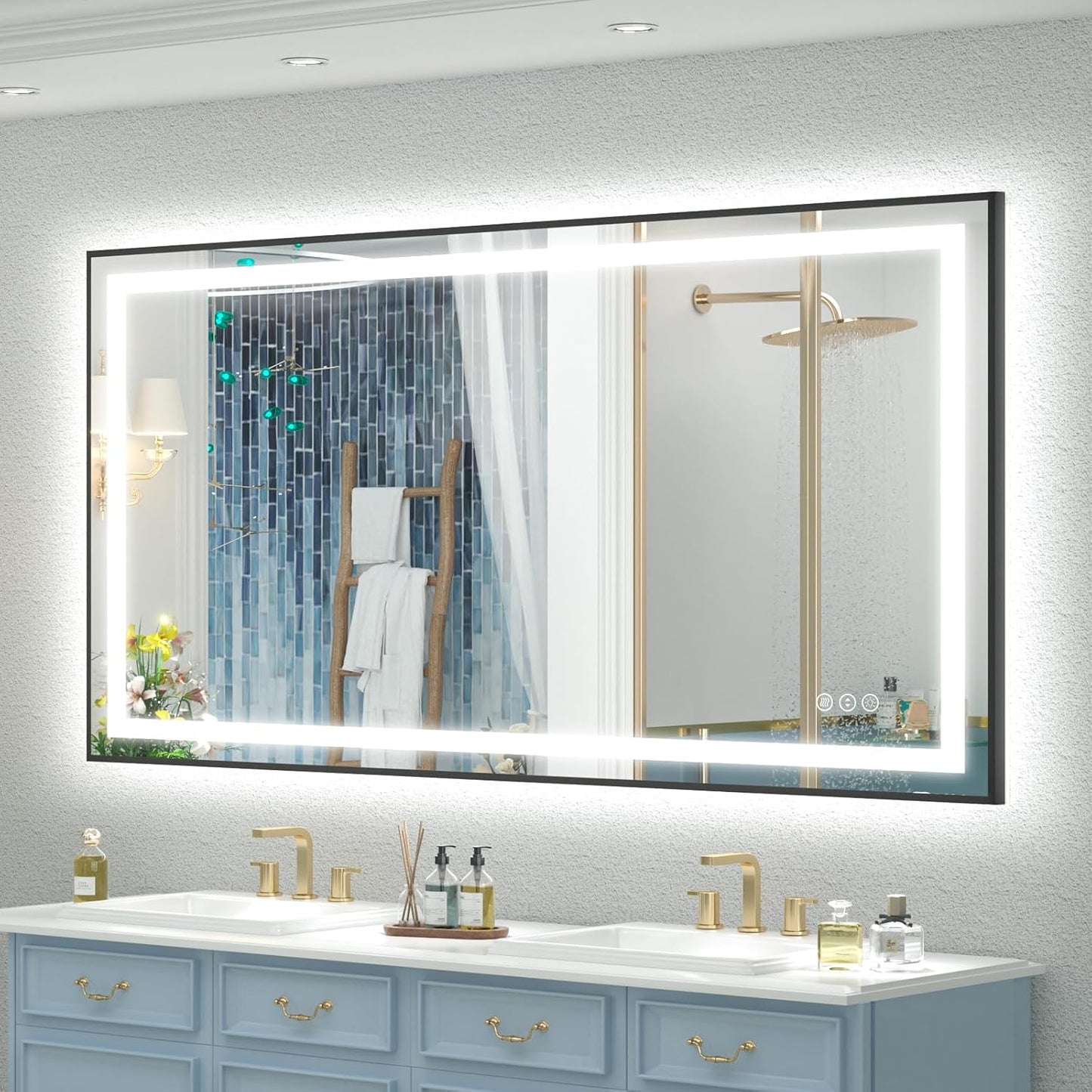 OKPAL 50x30 LED Bathroom Mirror with Black Frame, Lighted Bathroom Vanity Mirror, Front and Backlit, Dimmable, Anti-Fog, 3 Colors, Shatterproof, ETL Listed, Horizontal/Vertical
