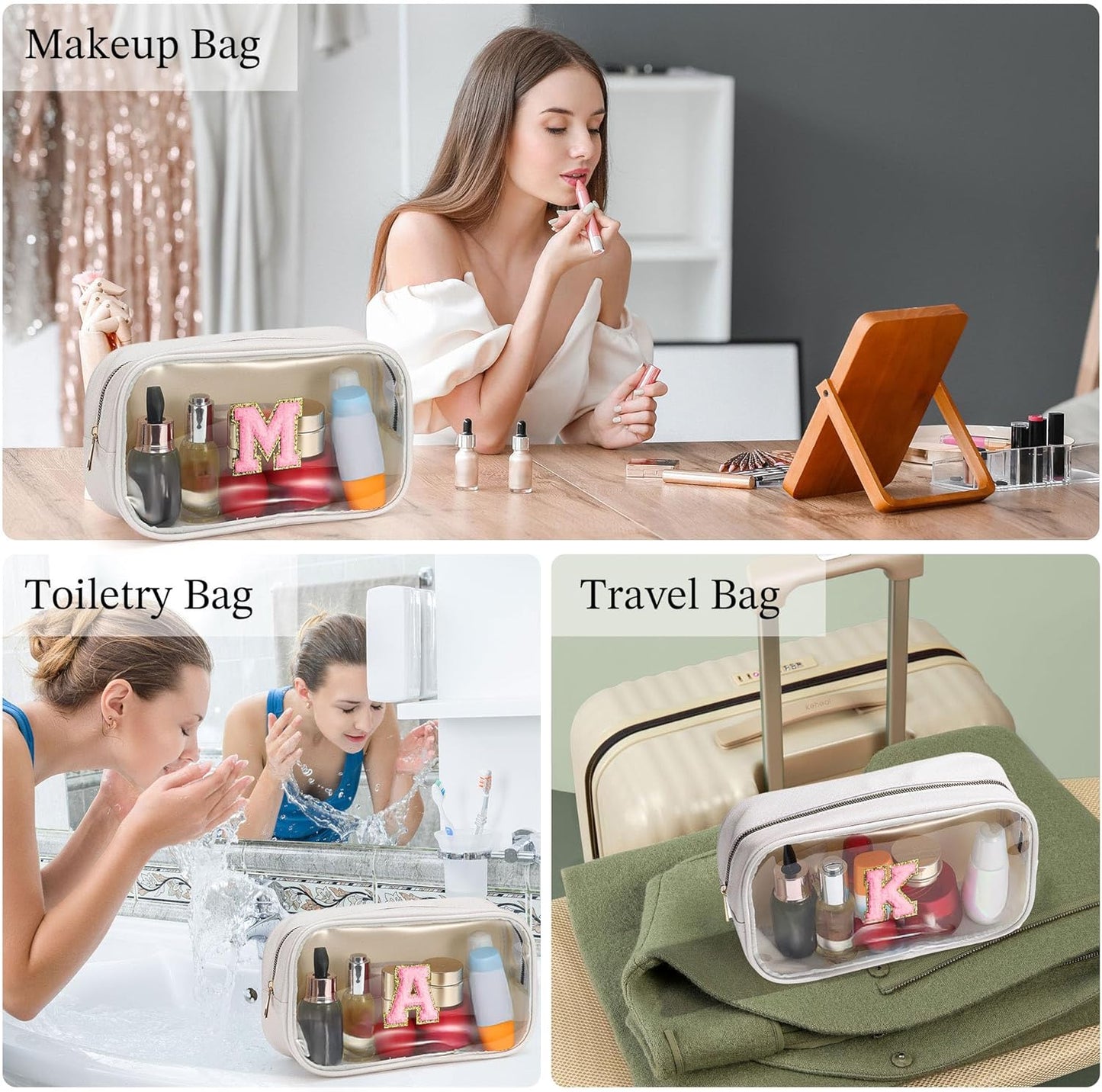 YOOLIFE Initial Makeup Bag Travel Toiletry Bag Clear Makeup Bag Preppy Cosmetic Bag Gifts for Girls Kids Graduation Gifts Birthday Gifts for Girls Kids Birthday Gifts Swim Gifts White L