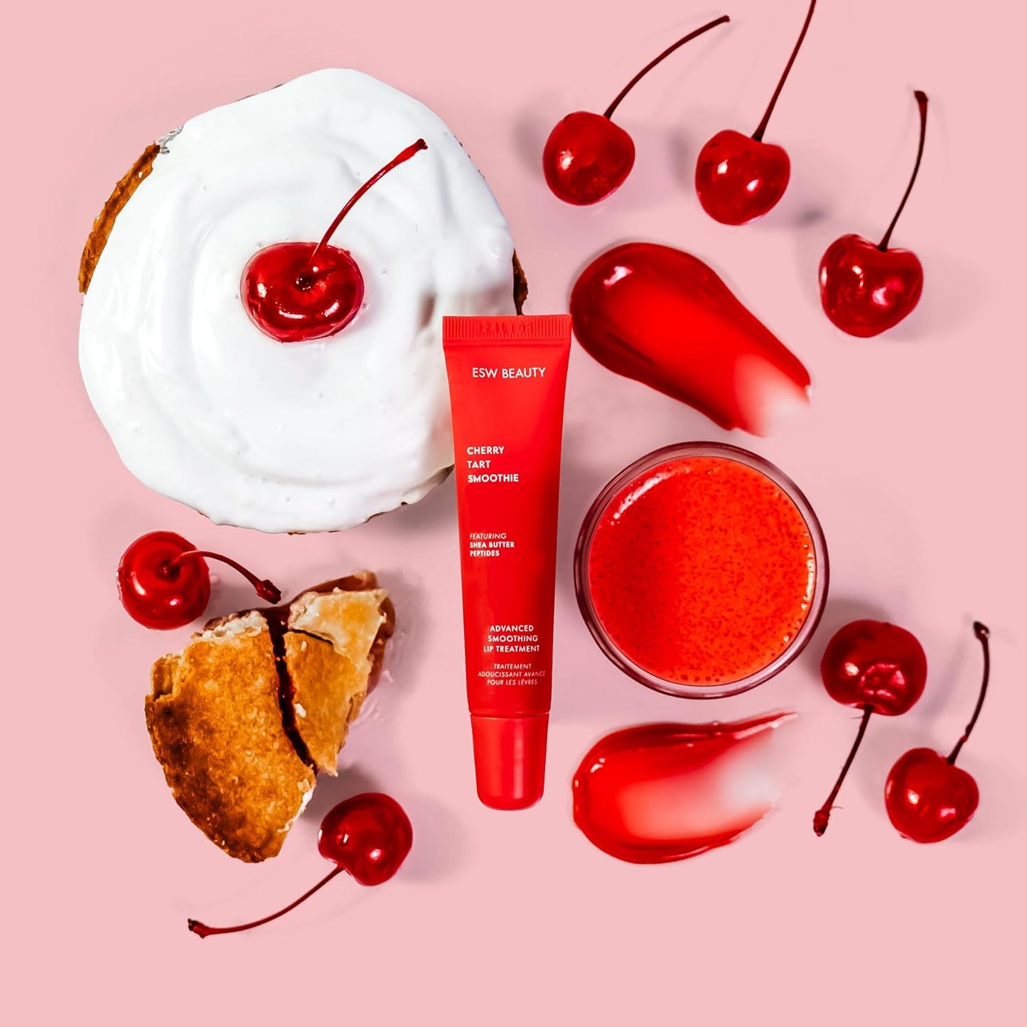 ESW Beauty Cherry Tart Smoothie Lip Treatment - Jelly Red Tint with Shea Butter, Peptides, Cherry Extract for Advanced Smoothing & Collagen Boost