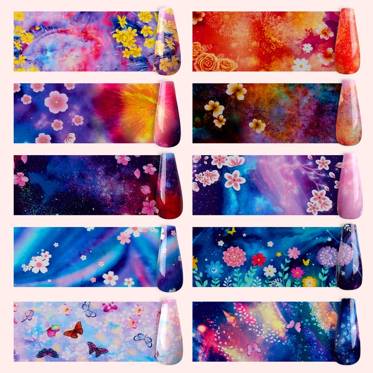Makartt Nail Foil Sheets, 10 Rolls Transfer Nails Stickers with Starry Sky Flower Butterfly Art Designs, Adhesive Decals Supplies - 4x100cm