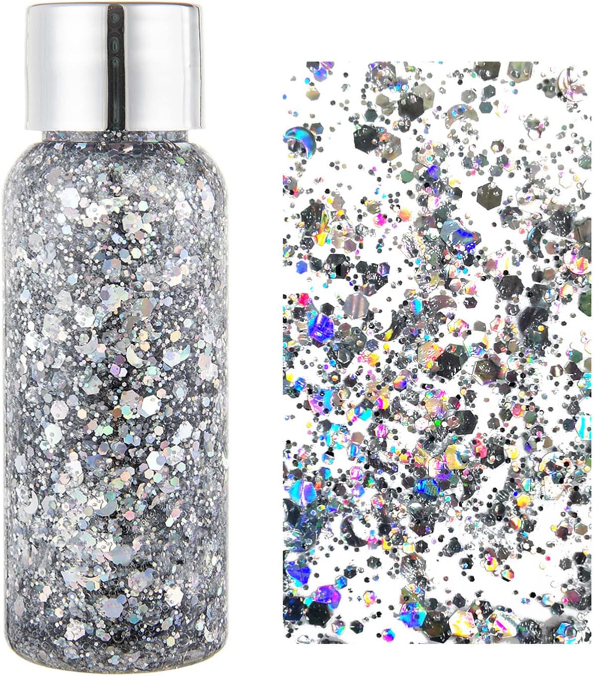 MAEPEOR Chunky Face Body Glitter Gel 19 Colors Mermaid Sequins Holographic Body Glitter Gel Long-Lasting Festival Makeup Glitter Paint for Face Body Hair Nails (30g, 01 Silver)