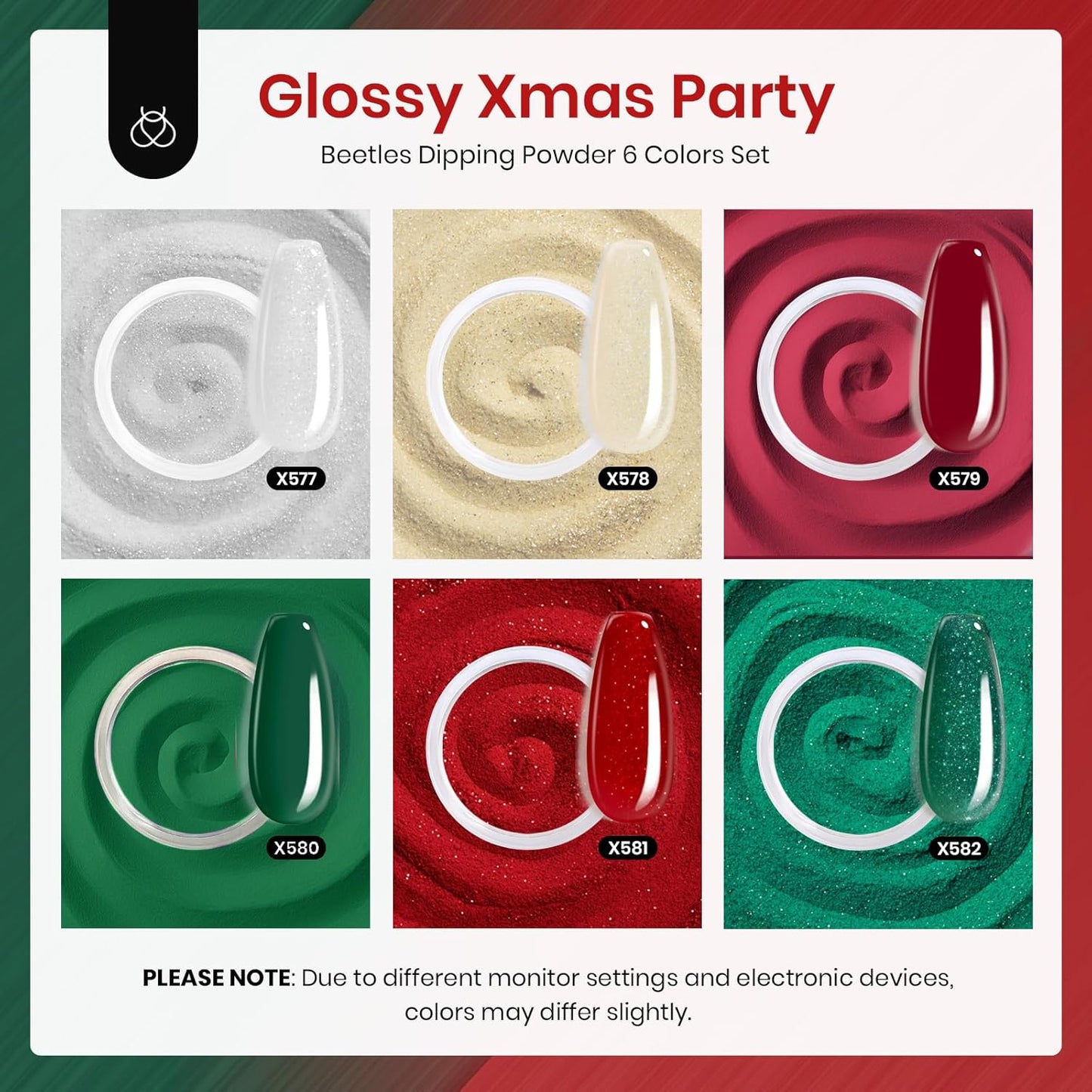 Beetles Christmas Dip Powder Nail Set 6 Colors Red Green Glitter Silver Gold Dipping Powder Starter Kit Manicure DIY Salon for Women No Nail Lamp Needed Glossy Xmas Party