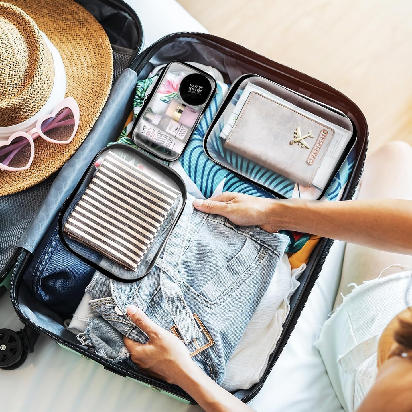 3PCS Clear Zipper Cases, Portable Clear Organizer Pouches for Travel, Double Zippered Hard Shell Plastic Case, Cosmetic Bag for Make Up Tools, Toiletries, Toy Storage (Black, 1 Pack)