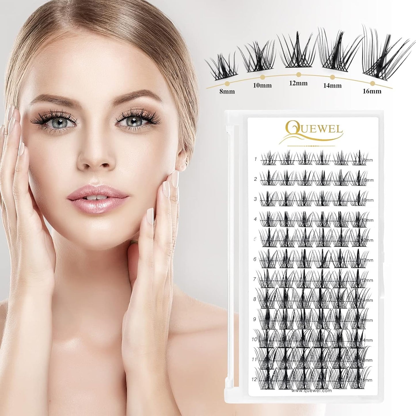 QUEWEL Cluster Lashes 72 Pcs Wide Stem Individual Lashes C/D Curl 8-16mm Length DIY Eyelash Extension False Eyelashes Sparkle Styles Soft for Personal Makeup Use at Home (Sparkle-D-MIX8-16)