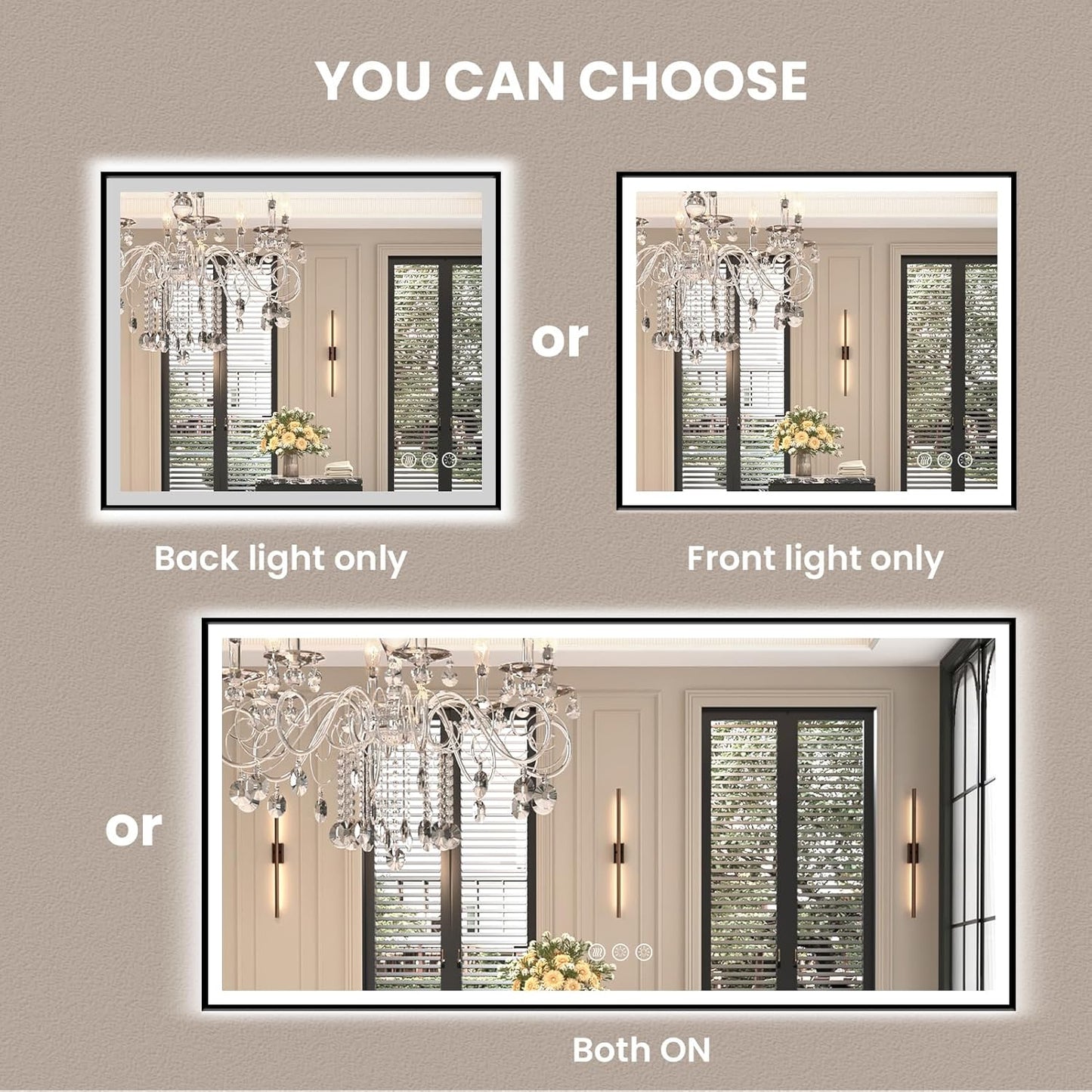 Amorho 36"x 36" LED Bathroom Mirror with Black Frame, Front Light and Backlit(Controlled Separately), Stepless Dimmable, Anti-Fog, Shatter-Proof, 3 Colors, Memory