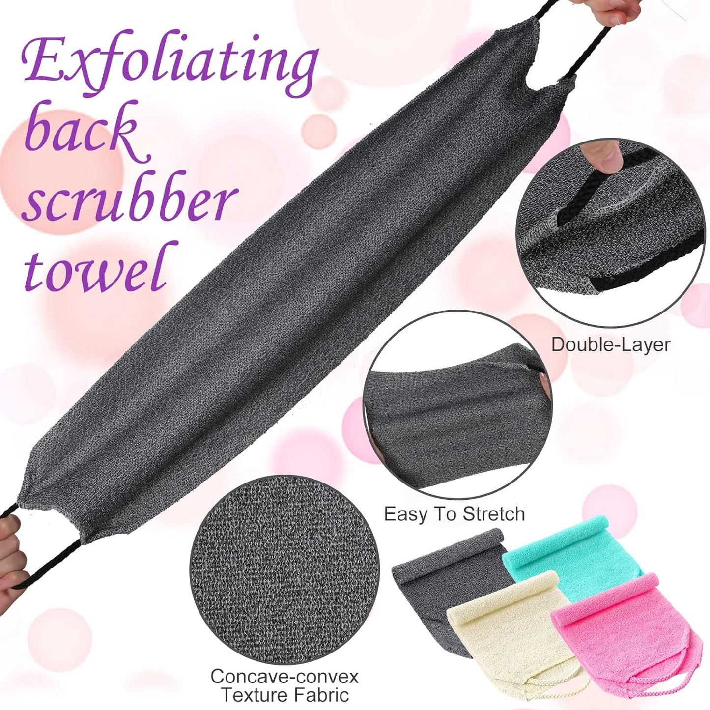 Moukeren Exfoliating Back Scrubber with Handles 4 Pack Nylon Back Exfoliator Extended Length Washers Scrubbers Stretchable Pull Strap Exfoliating Washcloth(Dark Blue, Gray, Beige, Pink)