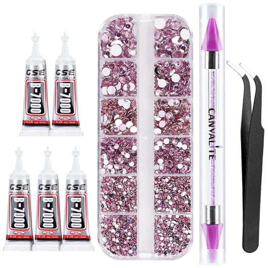 Canvalite 2784Pcs Pink Rhinestones Nail Art Gems with Tools, Flat Back Matte, Plastic, Nail Art, Rhinestones, Tweezer, Double Point Dotting Pen, 5Pcs Jewelry Glues