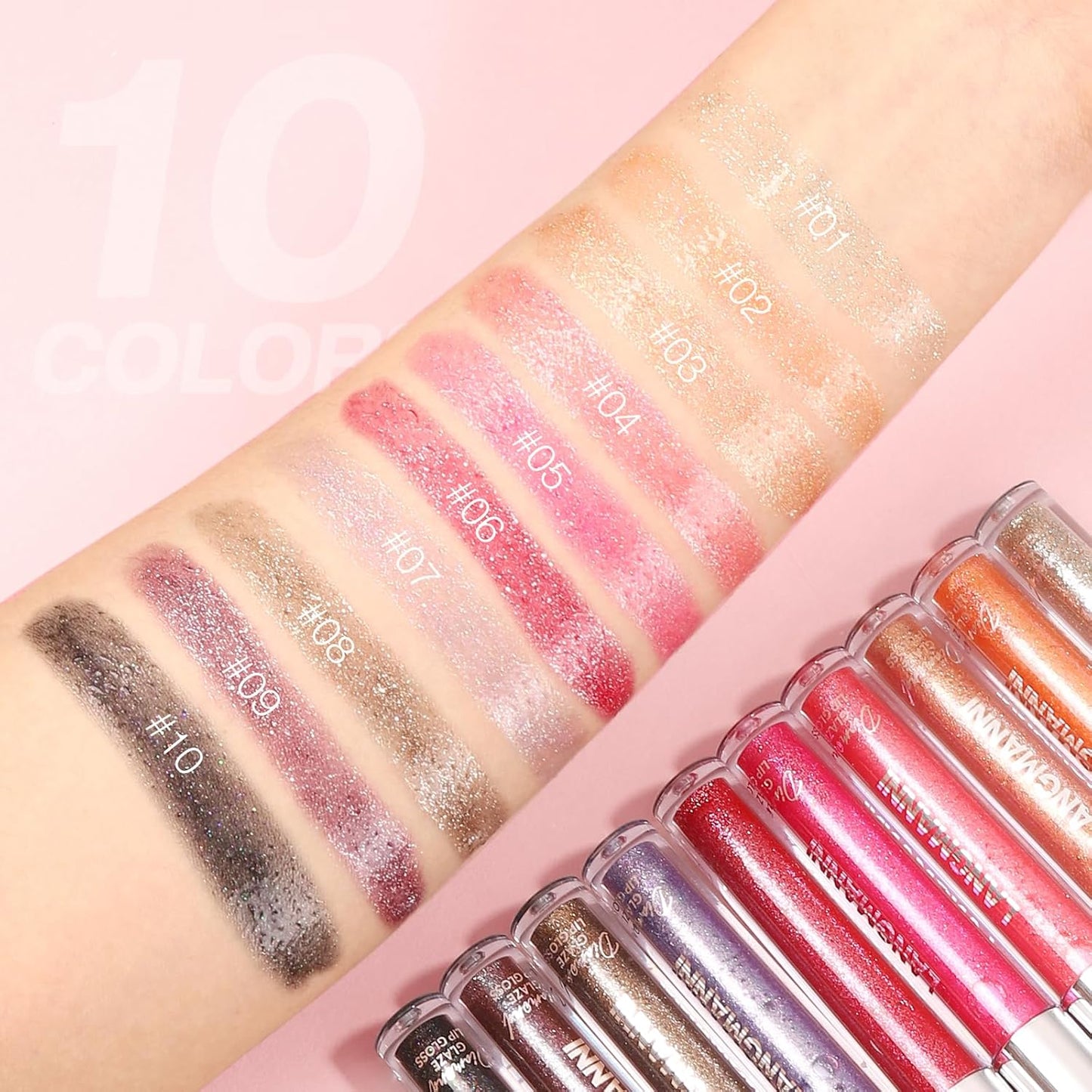 LANGMANNI 6 Colors Diamond Glitter Lip Gloss Set,Long Lasting High Shine Shimmer Liquid Lipstick Set,Hydrating,Moisturizing Lip Gloss Kit Gift Makeup For Girls(#05+06+07+08+09+10)