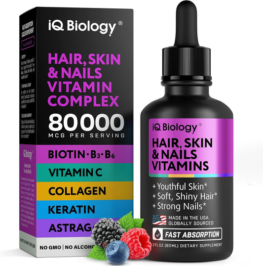 Liquid Biotin 5000mcg Drops – 80,000mcg Hair Growth Vitamins with Astragalus Collagen & Keratin, Extra Strength Hair Skin and Nails Vitamins - Biotin and Collagen Supplements for Women & Men - 2 fl oz