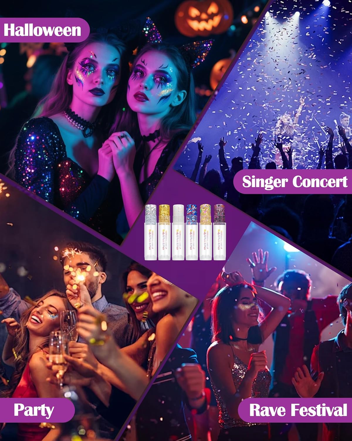 Body Glitter Stick, Waterproof Long Lasting Sparkling Face Shimmer Makeup, Singer Concerts Disco Music Halloween Festival Rave Accessories, Holographic Chunky Sequins Hair Stick,Gift for Women girl-29