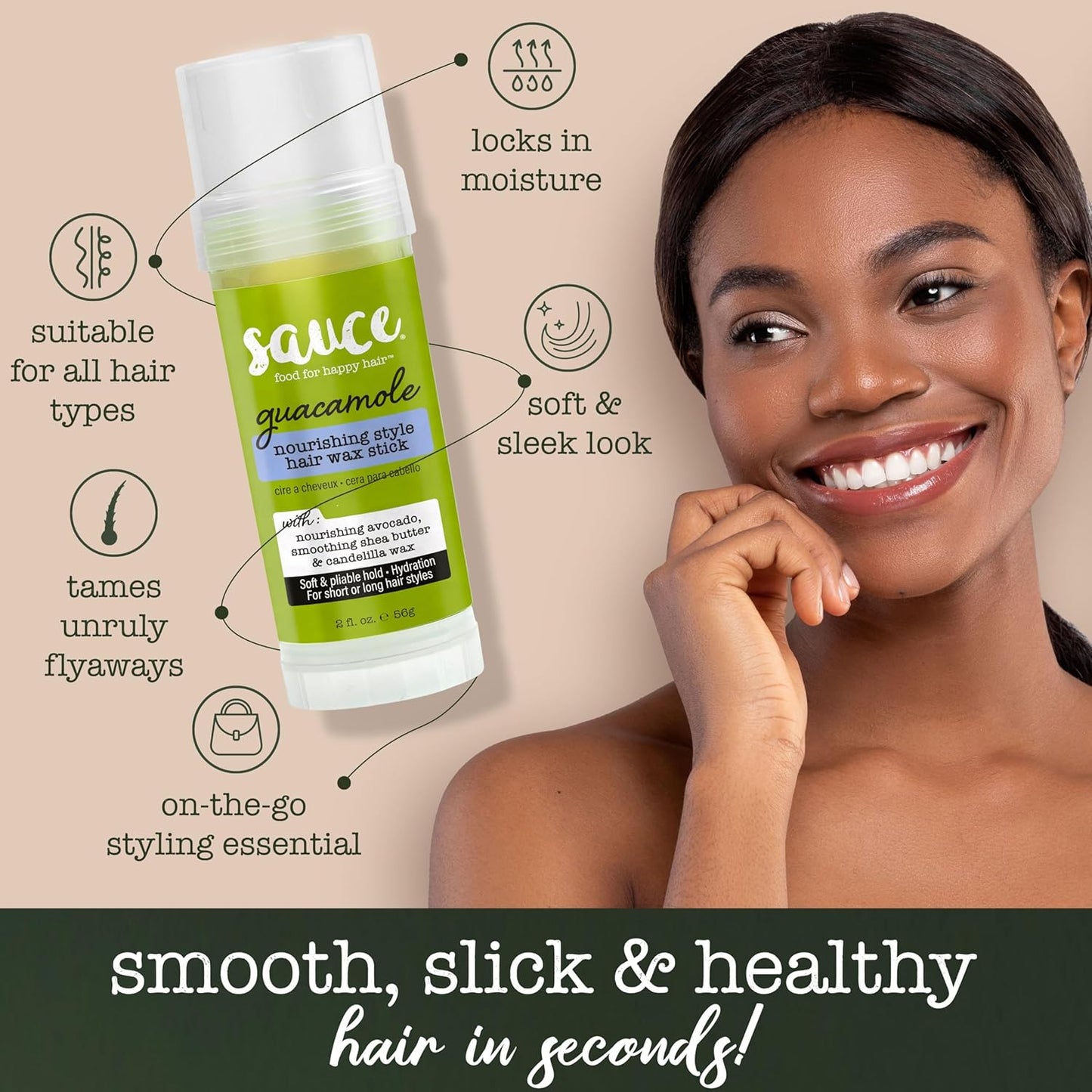 SAUCE BEAUTY Guacamole Hair Wax - Paraben & Sulfate Free, Moisturizing Avocado Oil & Shea Butter Wax for Styling Flyaway & Brittle Hair (2 oz)
