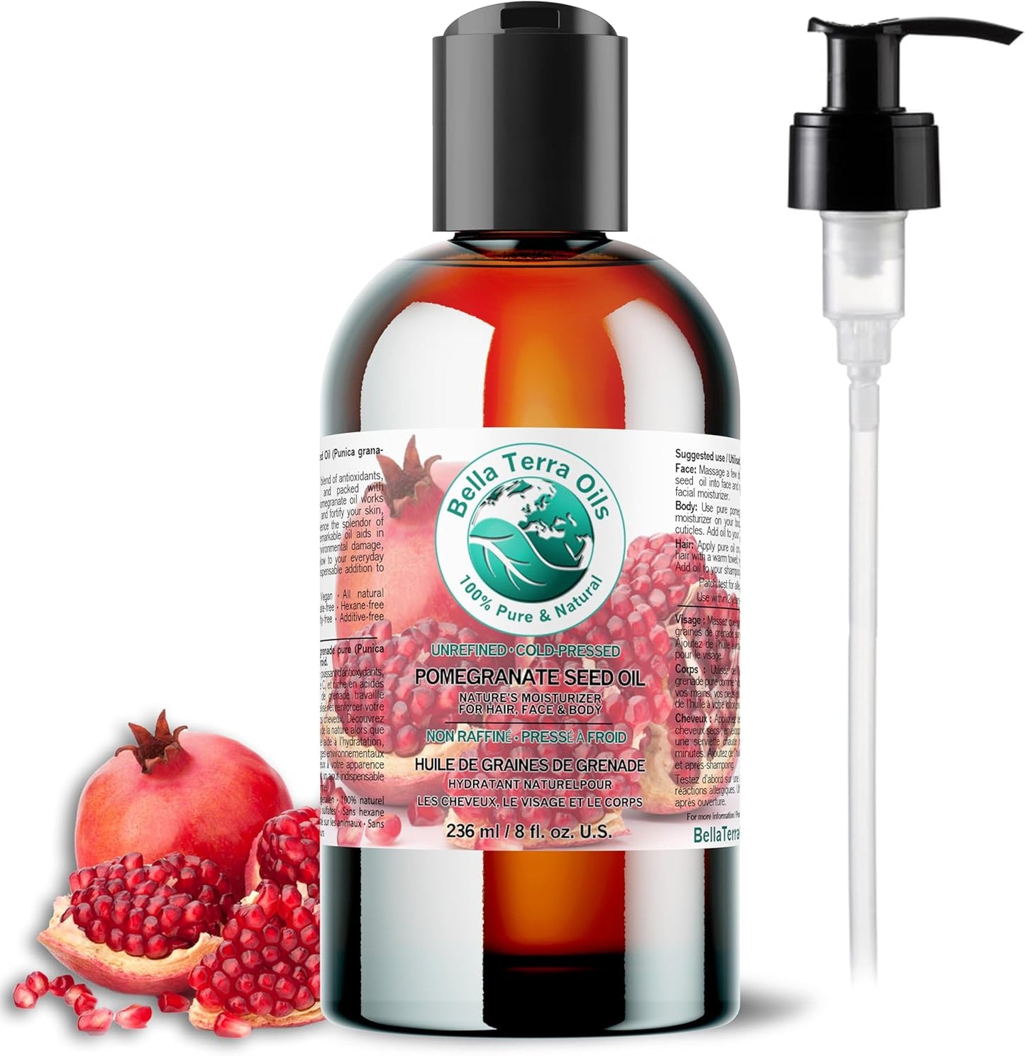 Bella Terra Oils - Organic Pomegranate Seed Oil 8 oz - Rich in Nutrients for Skin Hydration, Cold-Pressed from Organic Pomegranate Kernels