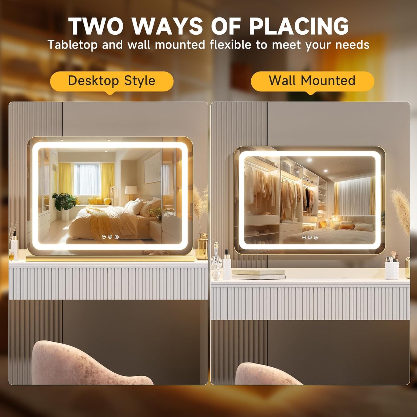 Hasipu Vanity Mirror with Lights, 27.6" x 20" LED Makeup Mirror, Lighted Makeup Mirror with Dimmable 3 Modes, Touch Screen Control Vanity Mirror Round Gold