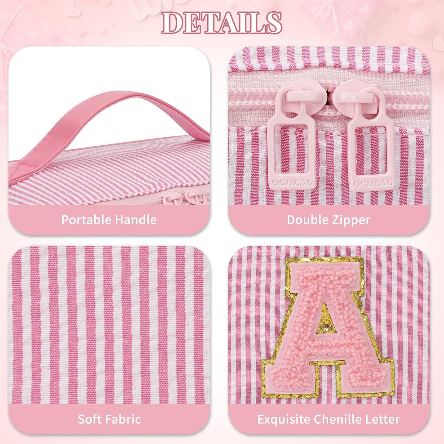 Travel Makeup Bag for Women, 2Pcs Portable Personalized Initial Makeup Organizer Bag, Open Flat Large Cosmetic Bag With Travel Essential Pouch (Pink Letter I)