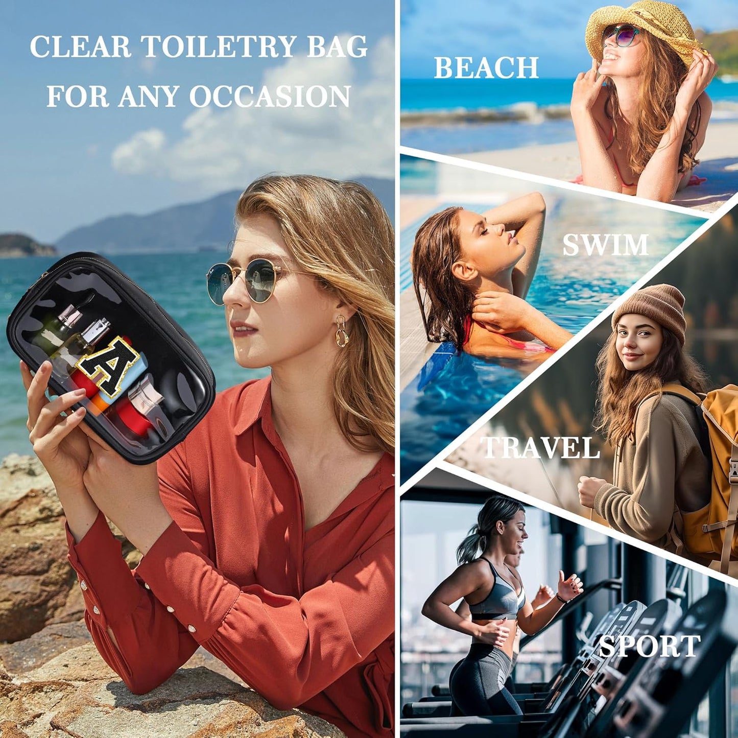 YOOLIFE Travel Toiletry Bag for Women, Black Clear Makeup Organizer, Cute Cosmetic Bags for Skincare, Birthday Gifts for Teacher Mother Girlfriend Initial H