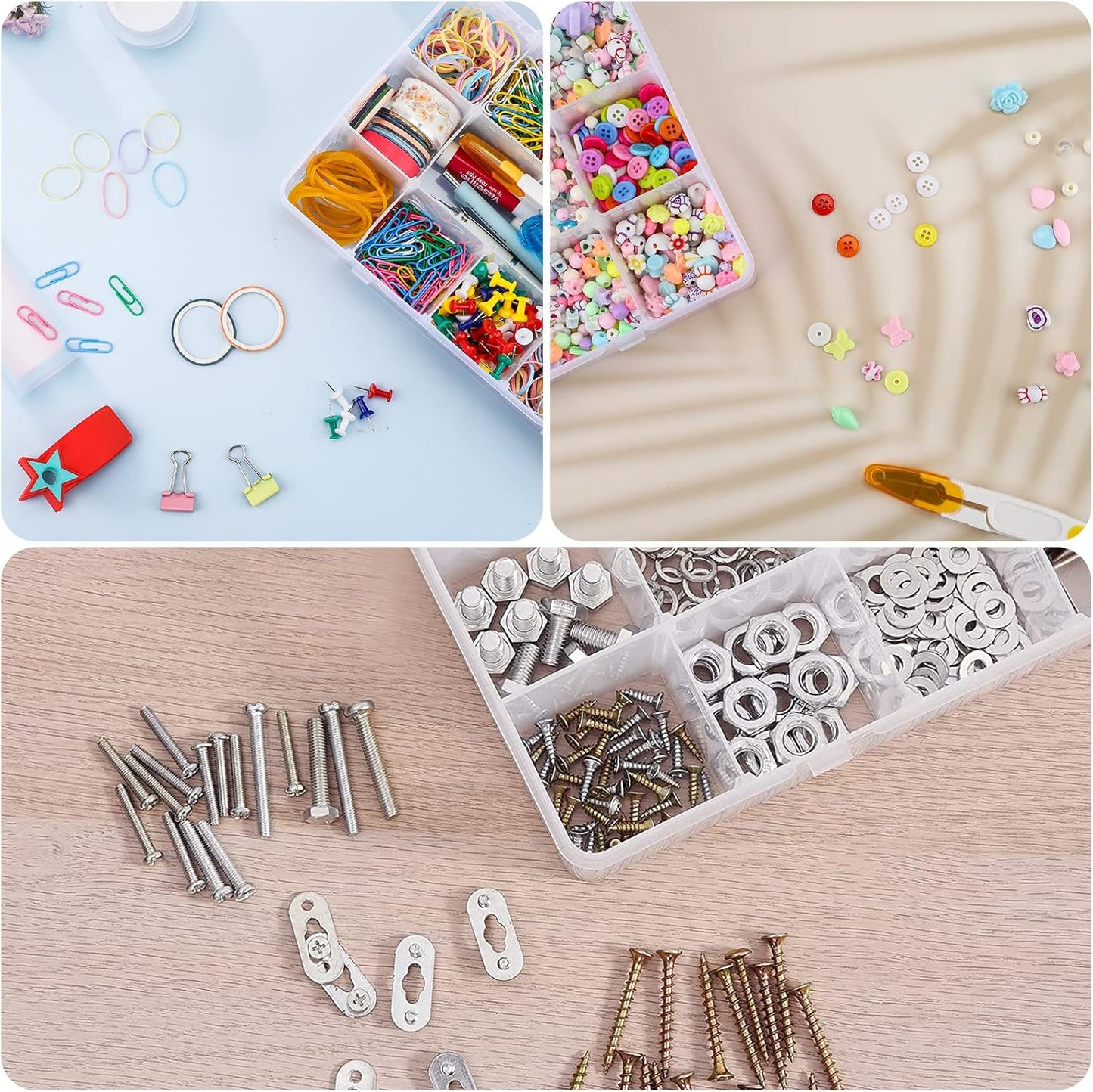 15 Large Grids Plastic Organizer Box with Dividers, 2 Pack Clear Compartment Container Storage for Washi Tapes Beads Crafts Jewelry Fishing Tackles, Size 11 x 6.3 x 2.2 in