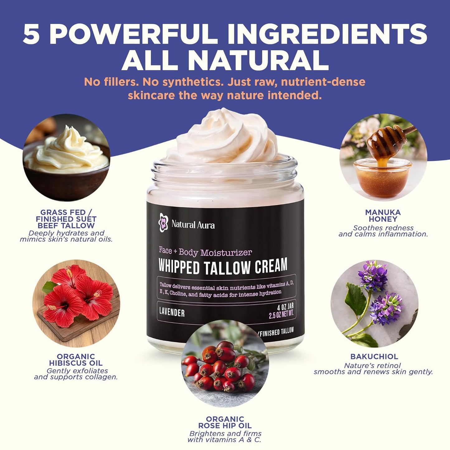 Whipped Beef Tallow for Skin - Face + Body Moisturizer, 100% Grass Fed Grass Finished Tallow and Honey Balm for Dry Skin - Natural Lotion - Free of Harsh Chemicals - 4oz, (Lavender)